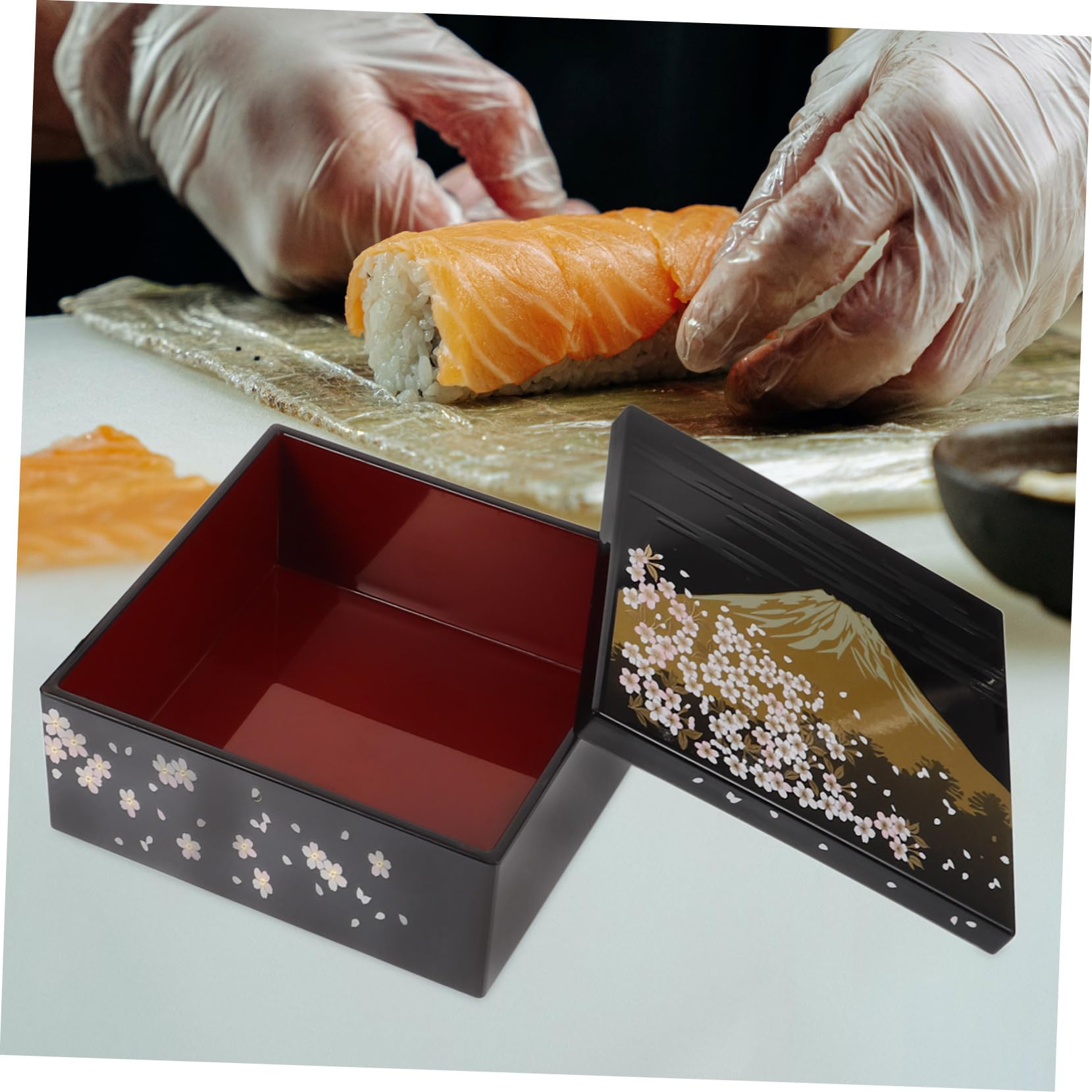 Boîte à Bento Japonaise Traditionnelle 3 Niveaux, Motif Mont Fuji, Plastique Noir, Réutilisable, pour Sushi et Desserts, Usage à Domicile