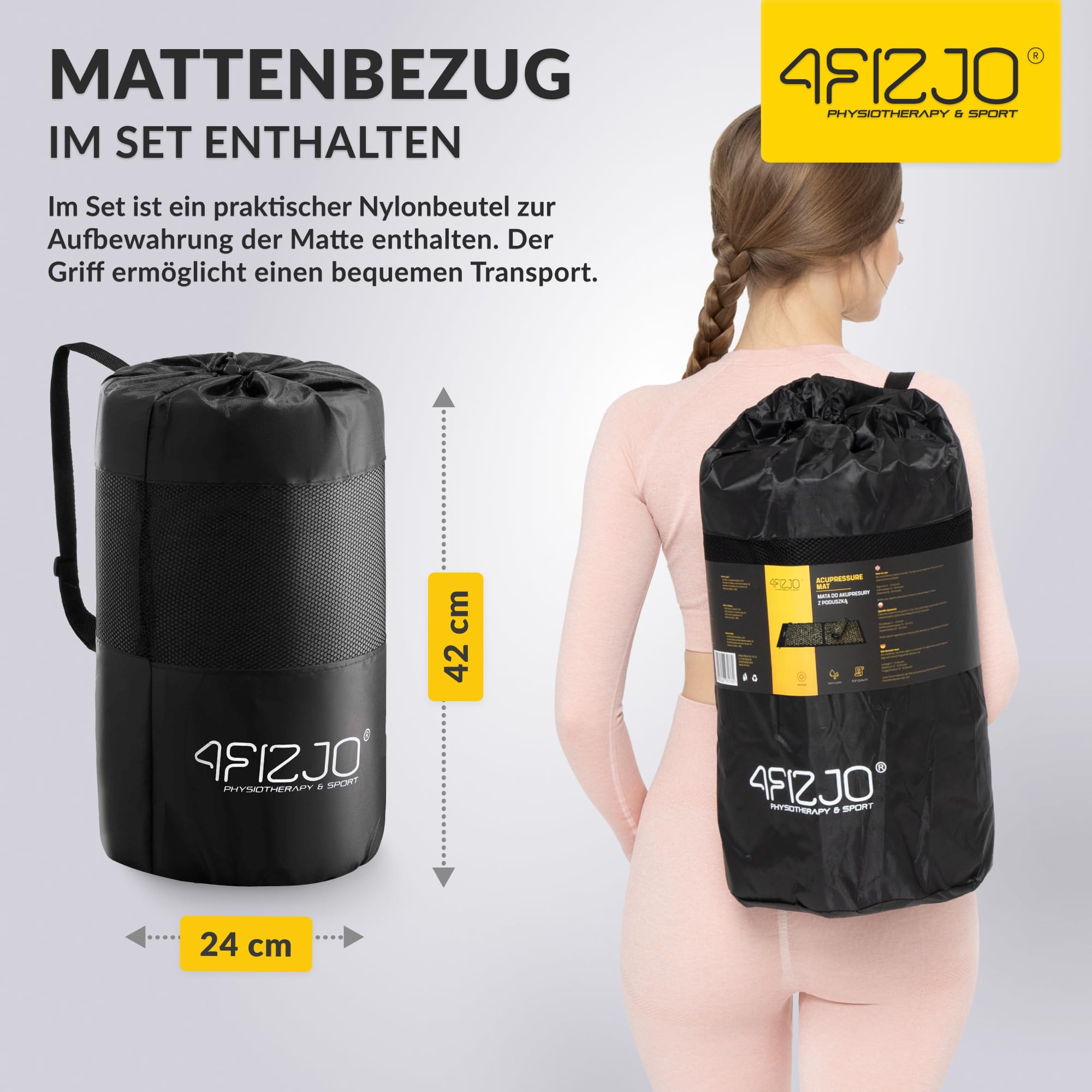 4FIZJO Akupressurmatte & Kissen XL, 110x42x2 cm, mit Tragetasche, Polyurethanschaum, Hypoallergen, 15330 Stacheln, Massagematte für bessere Durchblutung, Muskeln Entspannung, Farbe: Schwarz und Gelb