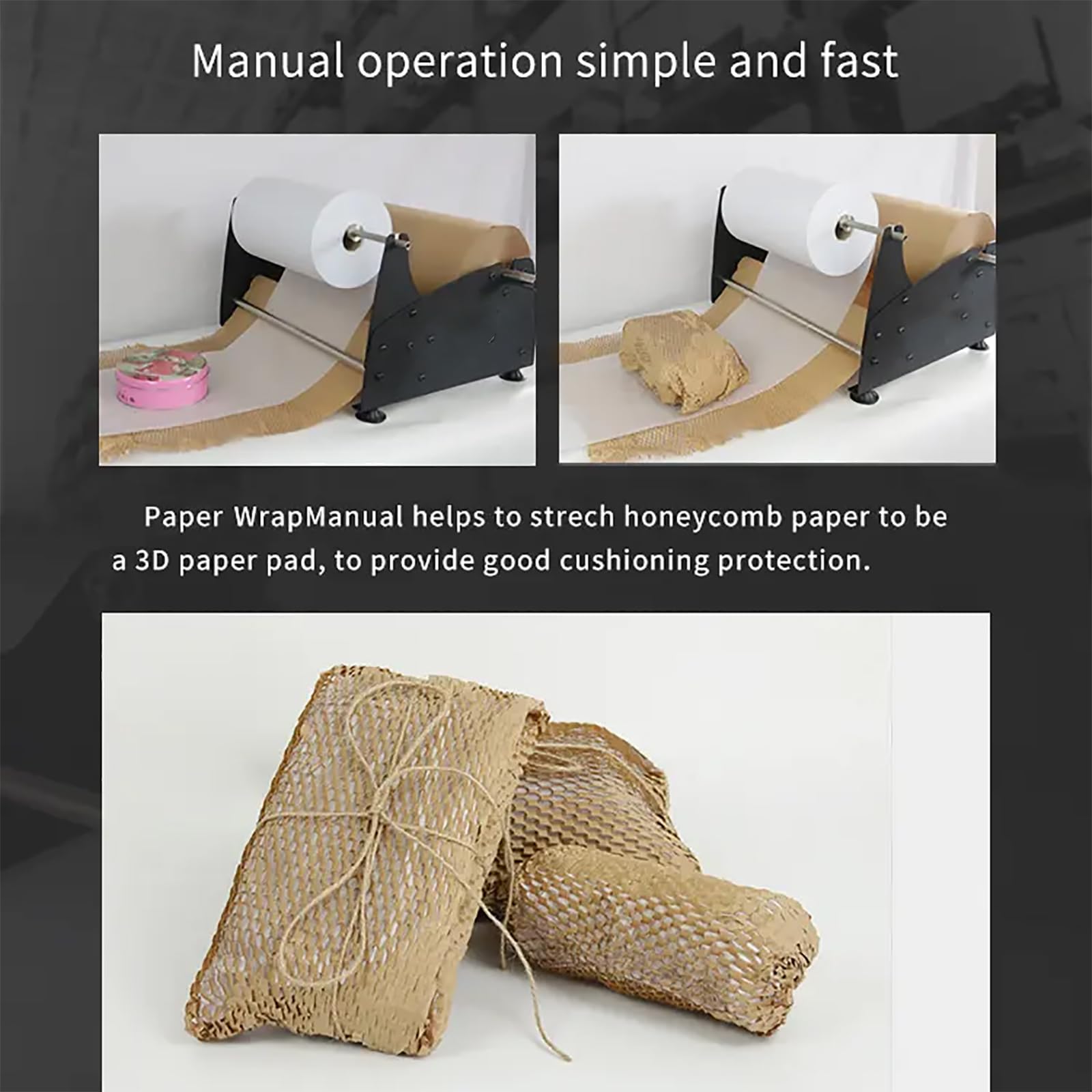 Dispensador manual de papel de panal para envolver rollos | Tensión ajustable, base antideslizante, acero resistente, operación manual, para cerámica y artículos frágiles.