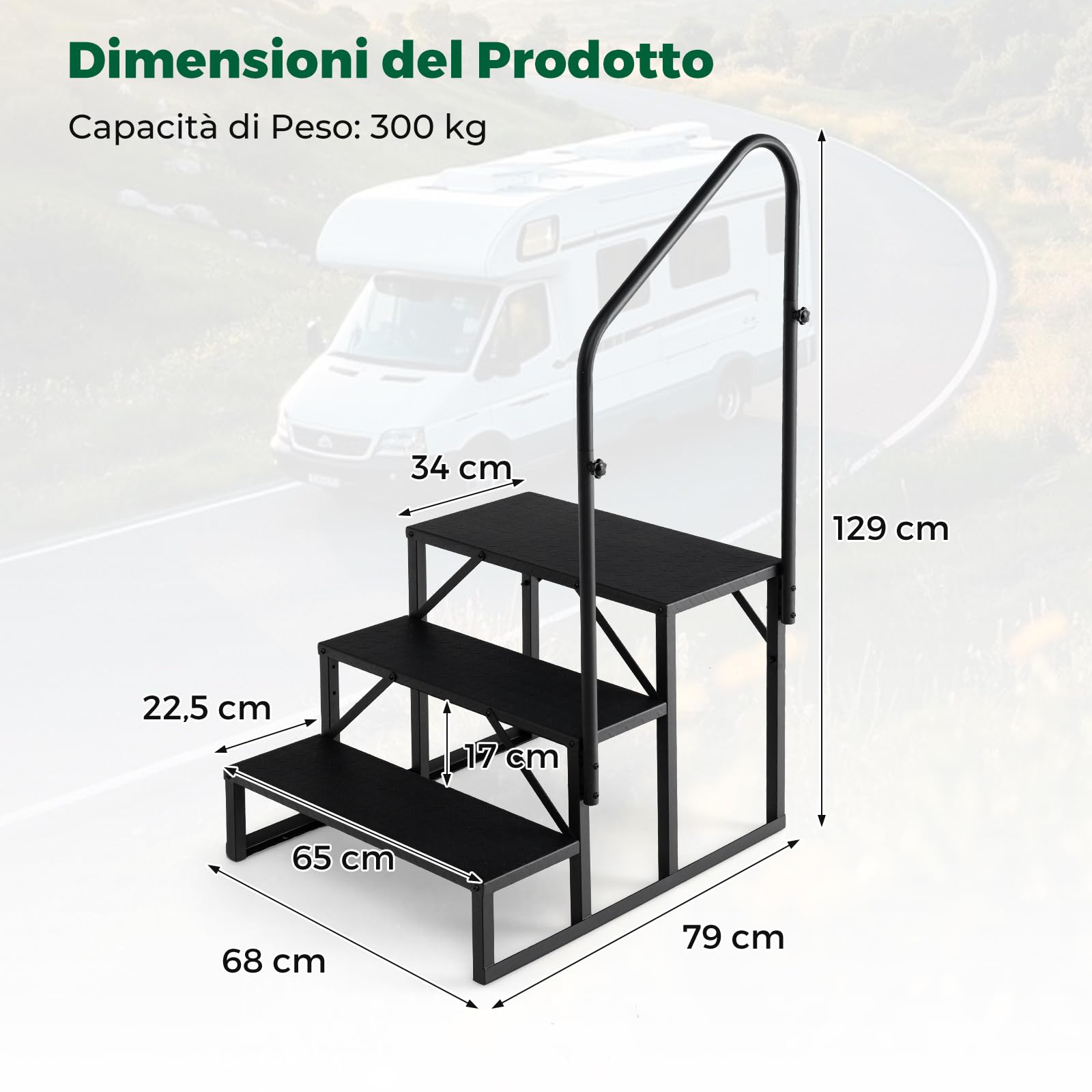COSTWAY Scala a 3 Gradini per Camper, Gradini per Camper in Acciaio con Maniglia Regolabile Destra/Sinistra e Piattaforme Antiscivolo, Portata 300 kg, Scale Portatile per Vasca, Camper, Casa e Animali