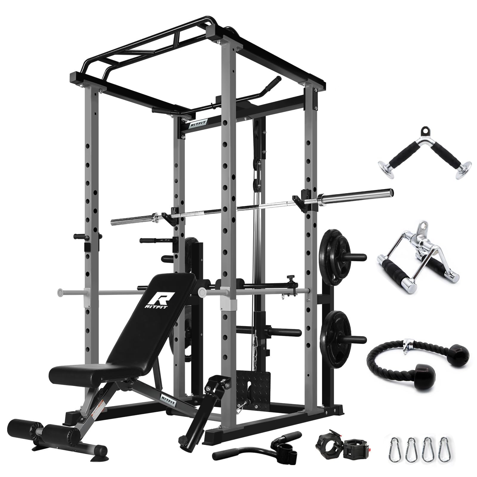 RitFit Power Cage with Optional LAT PullDown/Cable Crossover/Smith Machine System, 1000LB Squat Rack for Home & Garage Gym, with Weight Storage Rack and More Training Attachments, ASTM-Certified