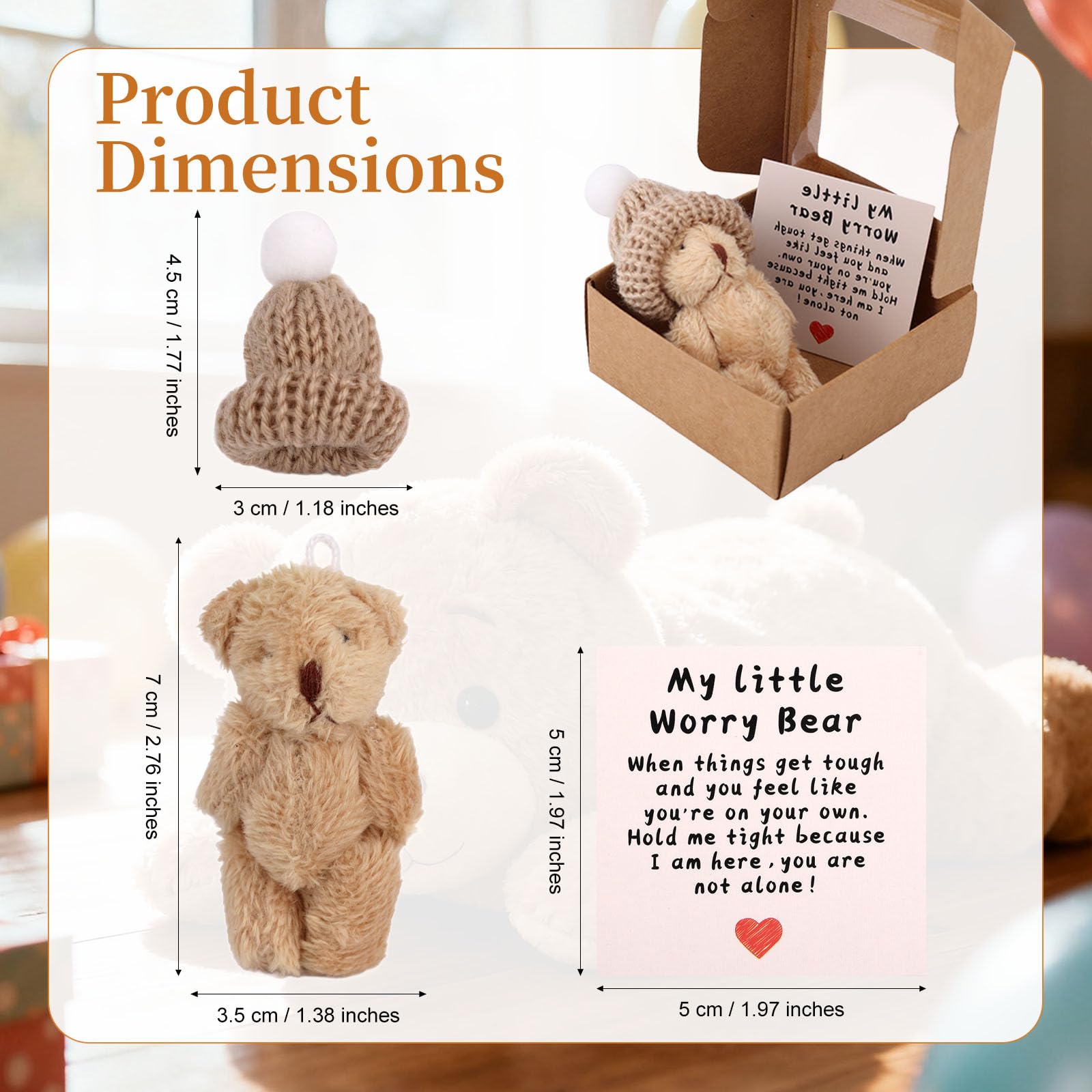 Mini Worry Bear in Box with Hat, Positive Mini Plush Bear with Encouragement Card Inspirational Stress Relief Toy for Family Friends Coworkers Gift