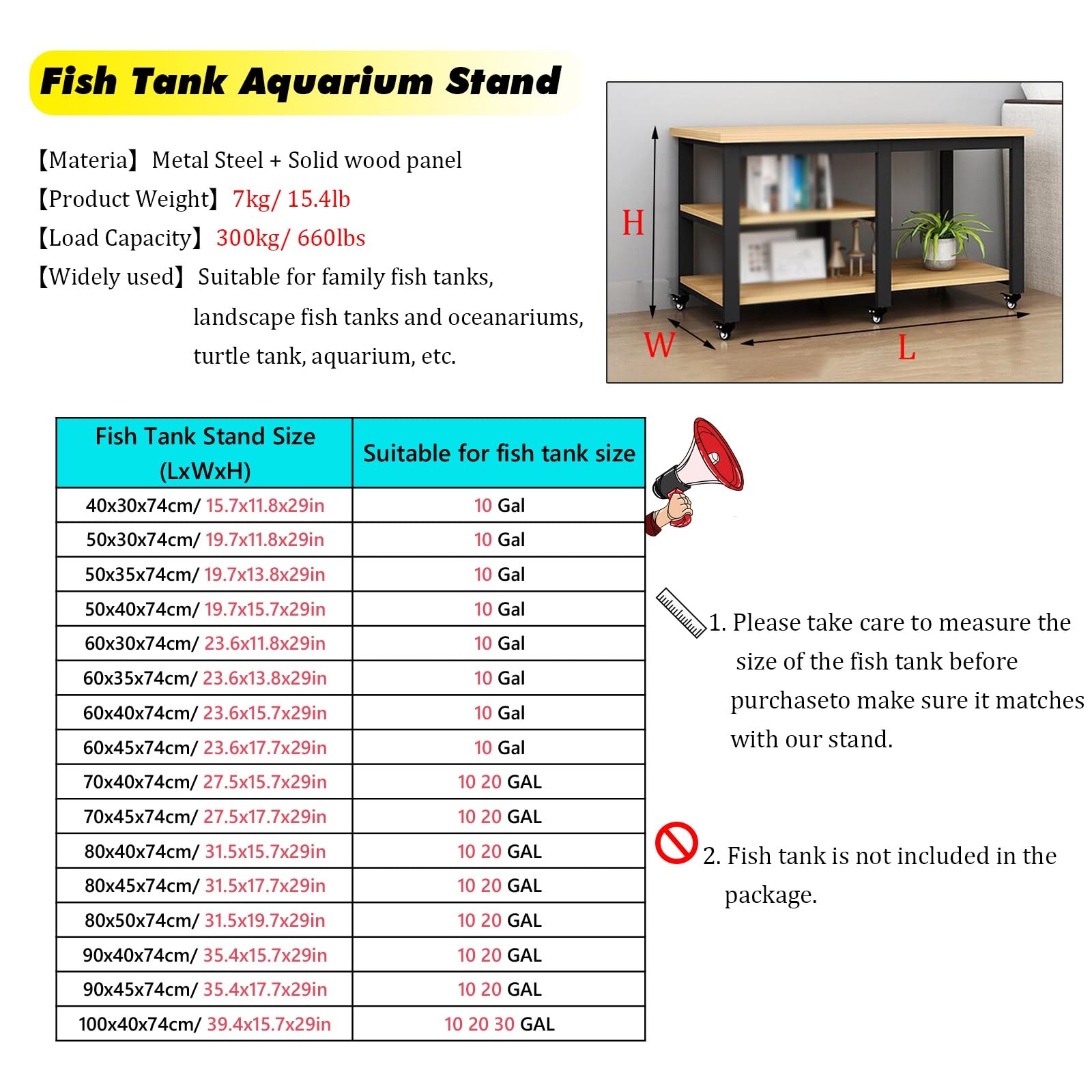 Mobiletto portaoggetti per Acquario Resistente con Ruote girevoli e Pannello in Legno, scaffale antiruggine per acquari, Perfetto per allevatori di Tartarughe e acquariofili