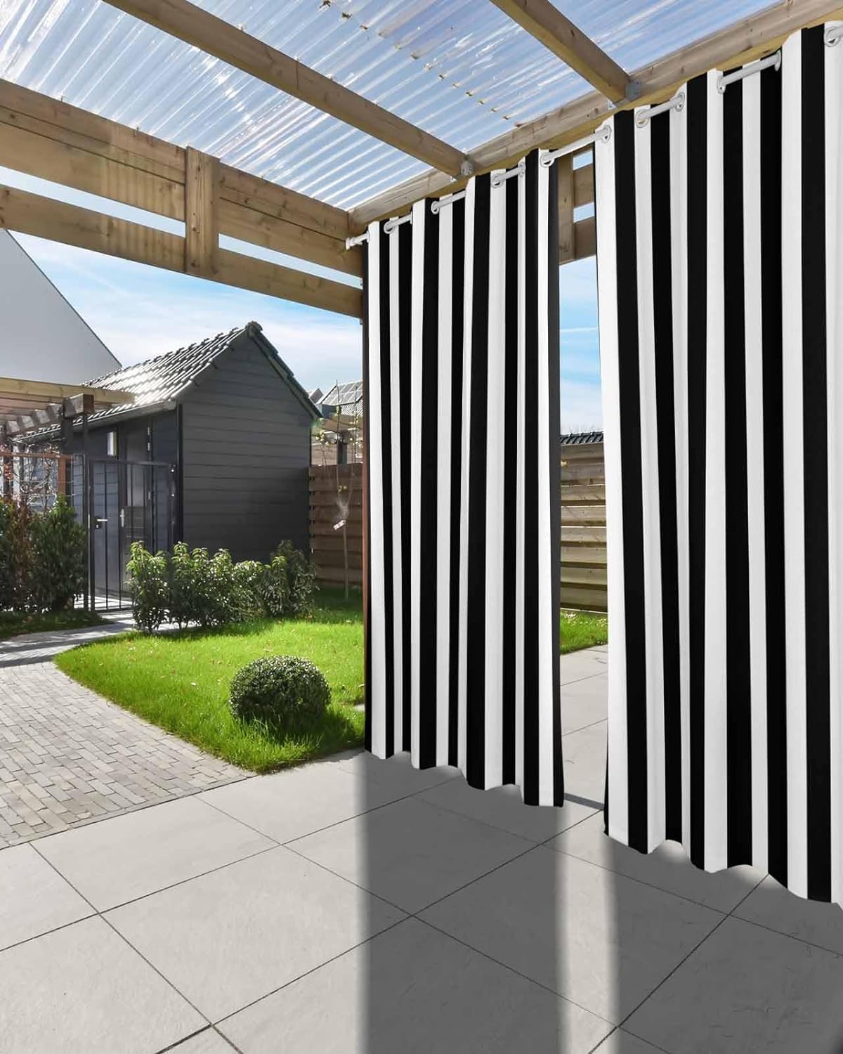 Outdoor-Vorhänge für Terrasse, schwarz-weiß gestreift, wasserdicht, Privatsphäre, Außenvorhänge, Ösen, Pergola-Vorhänge für Veranda, Cabana, Pavillon, 2 Paneele, 137,2 x 213,4 cm