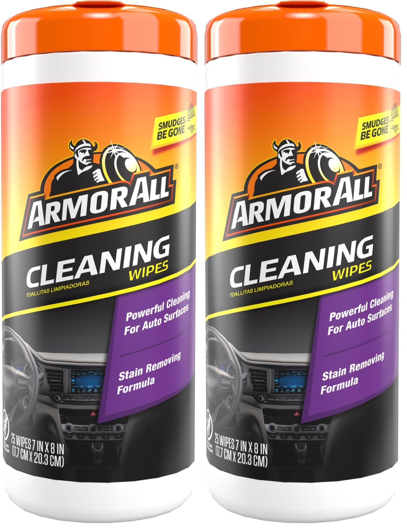 Armor All Interior Car Cleaning Wipes, Canister, Powerful Cleaning for Dashboards, Vinyl, Clear Plastics, Carpet and Fabric, 25 Count (Pack of 2)