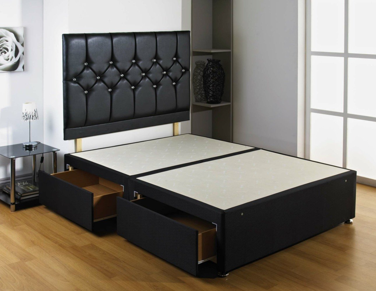Diamond Divan Bed Base Comes With 2 Drawers and Crystal Glass Buttoned Headboard - Double (4'6)
