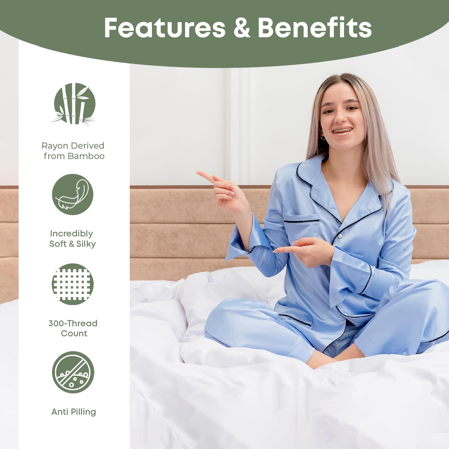 LINENWALAS Drap Plat 100% Bambou Biologique Super King Size - Doux, Rafraîchissant à Carreaux Vert Avocat - Idéal Cheveux & Peau