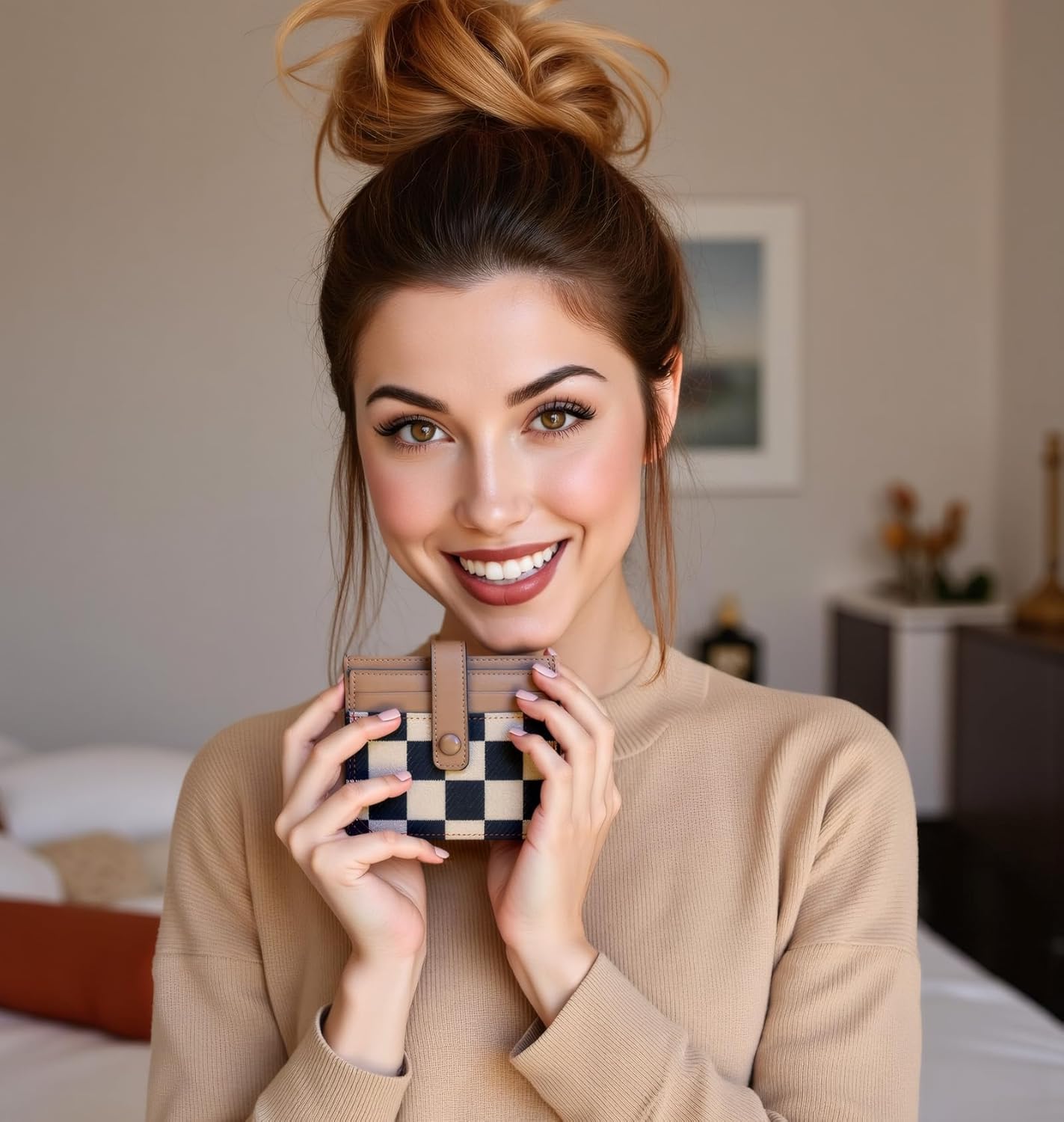 Cute Slim Checkered Canvas Wallet for Women Compact Front Pocket Credit Card Case, Minimalist Purse for Cards (Khaki) - Image 6