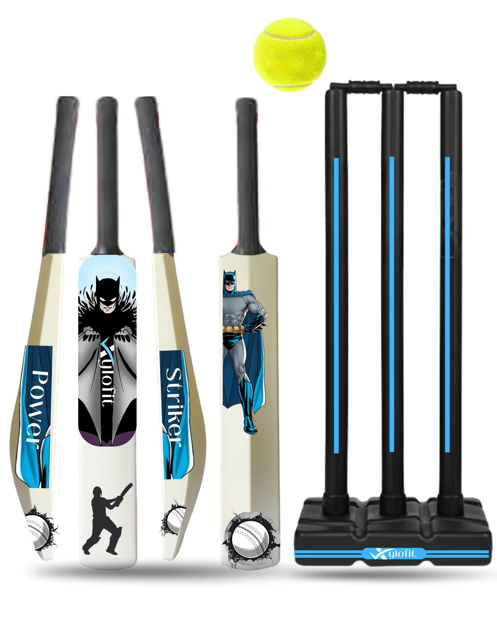 Complete Cricket Set, Cricket Kit Combo, Cricket Bat 34'' | 3 Stumps Wicket Set | 1 Tennis Ball | Size-8 Bat | Cream | Black Wickets with Blue Lines | Hard Plastic-image-31