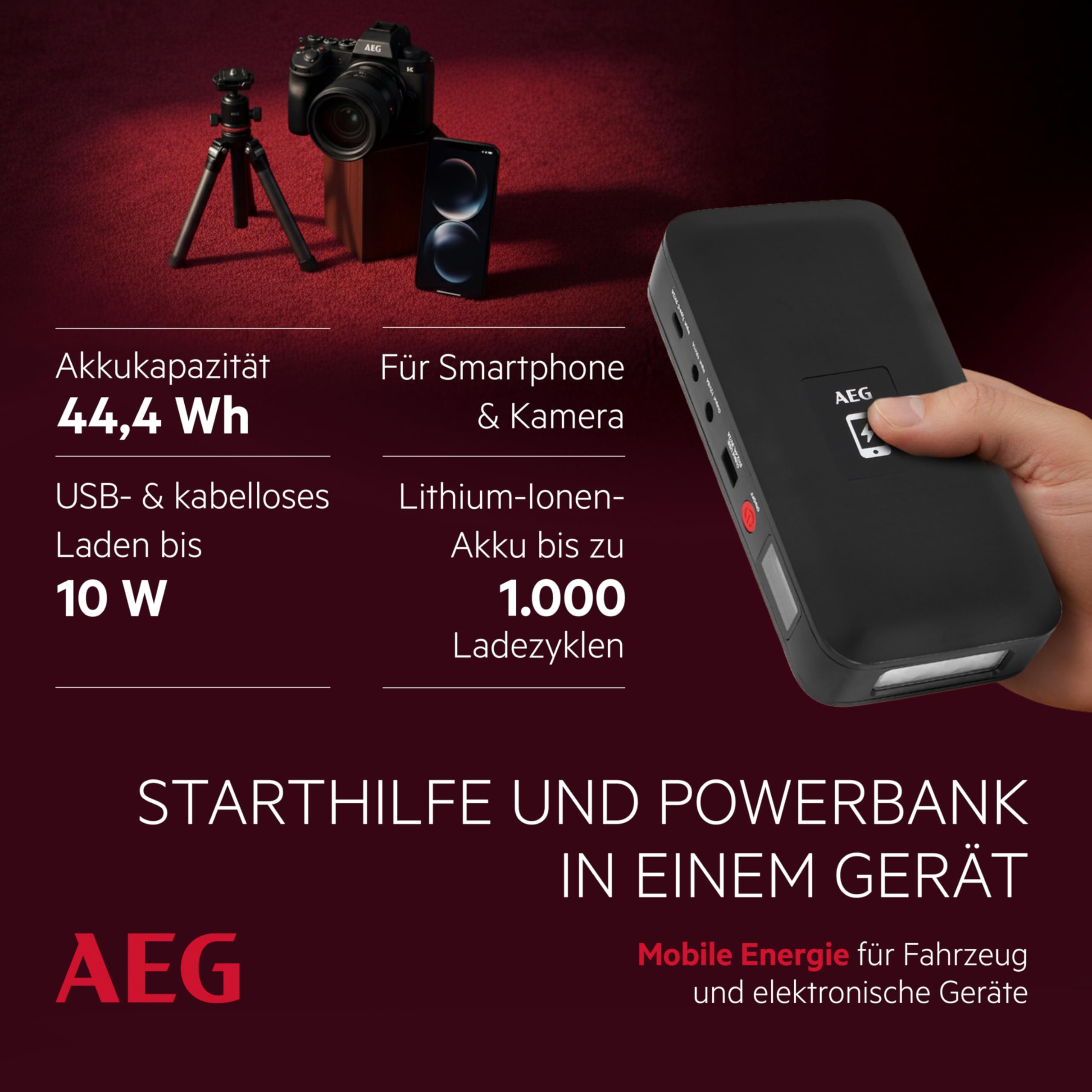 AEG Jumpstarter JS15, Auto Starthilfe, Powerbank für kabelloses Laden, mit integrierter LED-Lampe, mit Li-Ion-Akku, 400A/1500A, schwarz