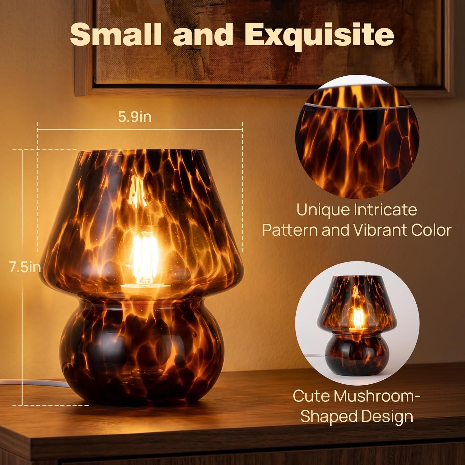 Mushroom Lamp, Vintage Glass Small Table Lamp for Bedroom, Bedside, Nightstand, Living Room, Dimmable, Tiny Modern Aesthetic Office Home Decor, Birthday Gifts for Women, Murano, Amber