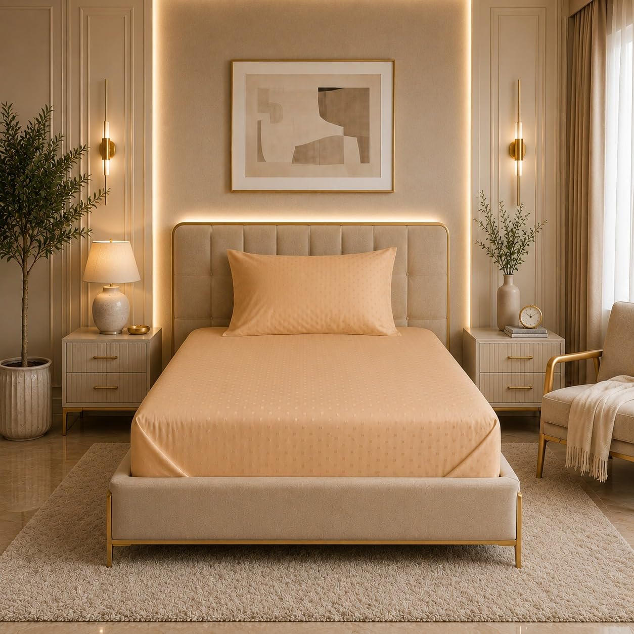 Blue Dahlia Single Size (60"x90") Bedsheet + 1 Pillow Cover (18"x28"), 300TC Swiss Dot 100% Cotton (Silky Smooth Feel) for Single Mattress, Soft & Breathable Oeko-TEX Certified (Beige)-image-45