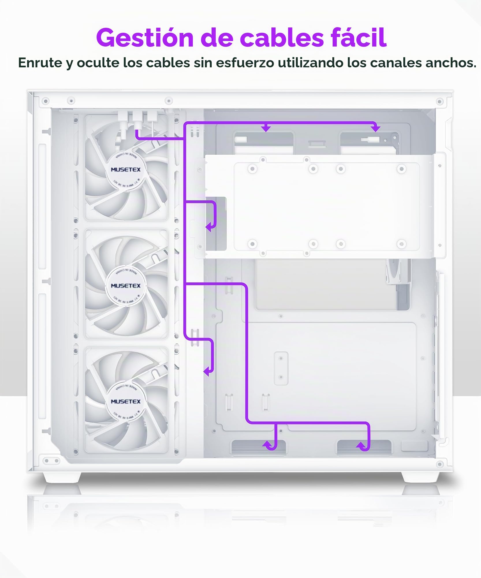 MUSETEX Y6 Caja PC ATX Torre Mediana, 7 Ventiladores PWM ARGB Espejo Infinito, Tipo-C, Cristal Templado 270°, Blanco