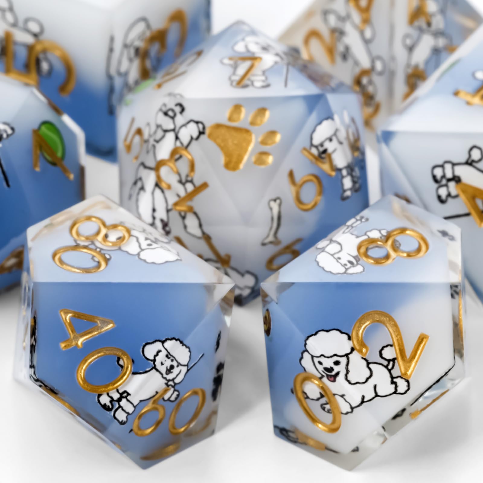GU BEI TE DND Dice Set 7-Pcs, Sharp Edge Cute Dog Style Resin Dice Polyhedral Resin Sharp Edge Dice for Roleplaying Games Dungeons and Dragons RPG MTG Table Games（Poodle）