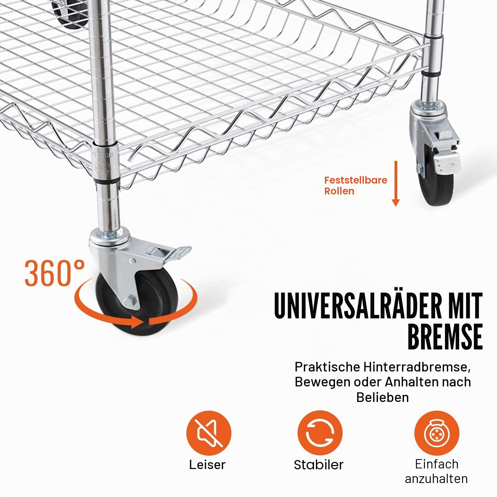 VEVOR Küchenwagen, 3 Ebenen Laborwagen mit 300 kg Kapazität, Chrom Servierwagen Abräumwagen, Transportwagen Aufbewahrungswagen mit Vertiefter Korb & 6 Haken