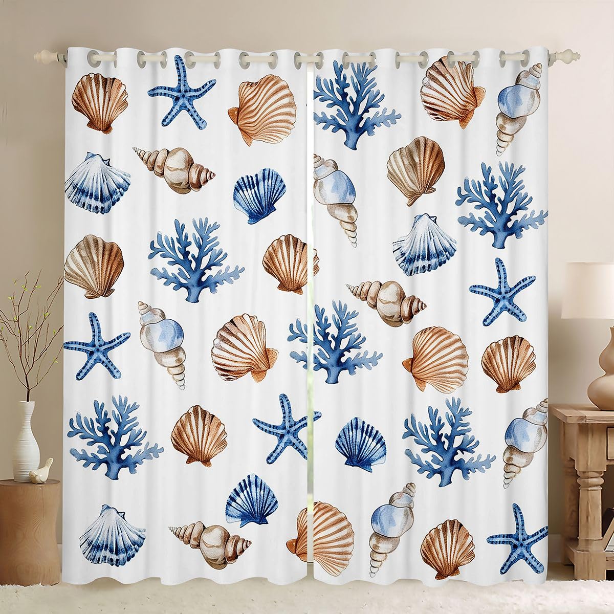 Homemissing Tende oscuranti per camera da letto e soggiorno, motivo: conchiglie e stelle marine costiere, tende oscuranti per camera da letto e soggiorno, tende oscuranti a tema spiaggia, 2 pannelli