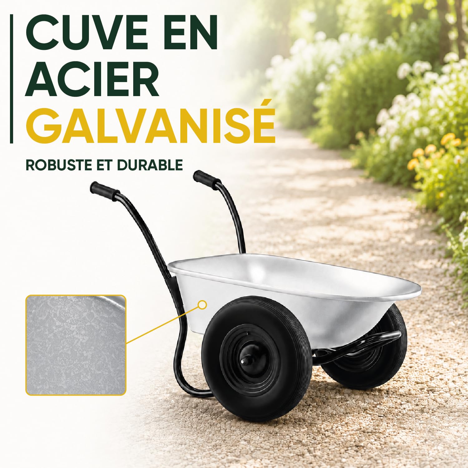 Carriola a 2 ruote ultra stabile, serbatoio in acciaio zincato da 100 l, carico max. 150 kg - Telaio tubolare rinforzato - Giardinaggio e lavori esterni