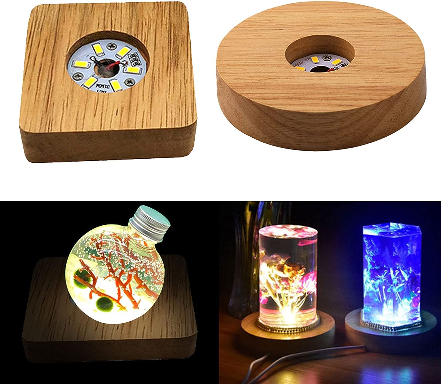 Lot De 2 Socles En Bois Avec éclairage LED Blanc Froid - Pour Présenter Cristal, Verre, Résine, Objets Décoratifs