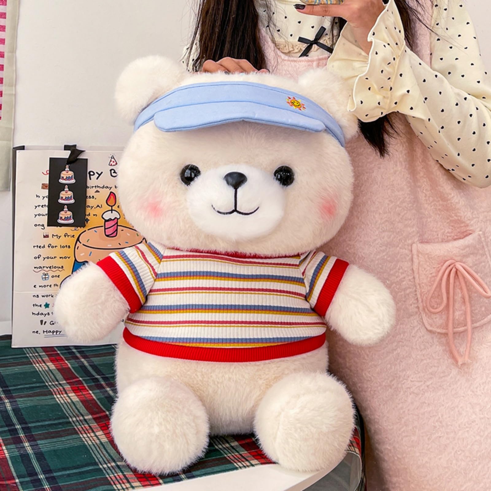 Teddy Bär Kuscheltier, Weiches Bären Plüschtier mit Sonnenkappe Gestreiftem Shirt, Niedlicher Bär Stofftier Geschenk für Mädchen & Kinder (53cm,Hong)