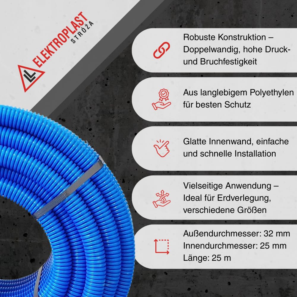 Doppelwandiger Kabelkanal 25m, DN32 (Außen 32mm, Innen 25mm) aus Polyethylen mit gewellter Außenwand und glatter Innenwand Kabelschutzrohr 450N Wellrohr Verlegung im Erdreich Leerrohr Einzugshilfe