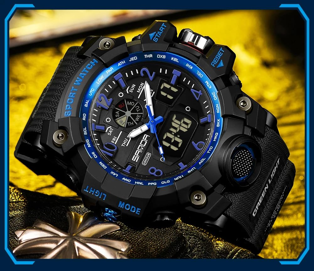 Gosasa Montre analogique numérique de style militaire, grand cadran 5,6 cm, étanche à 50 m, double fuseau horaire, alarme, rétroéclairage LED, chronomètre, bracelet en polyuréthane