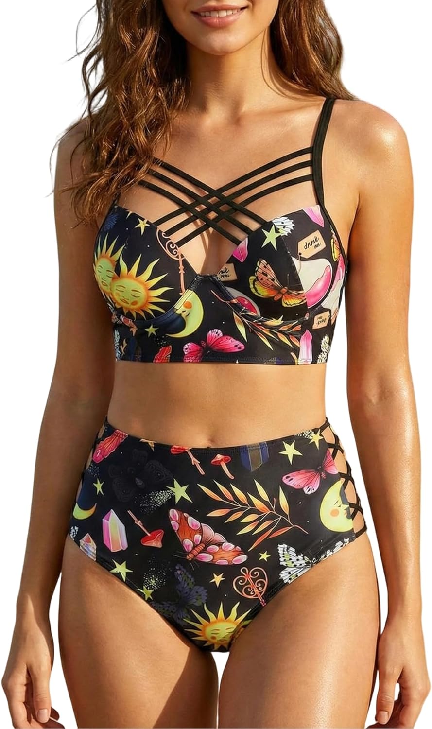 DRESSFO Sun Moon Star Mushroom Tankini Swimsuit Crisscross Cut Out 2 Piece Bathing Suit