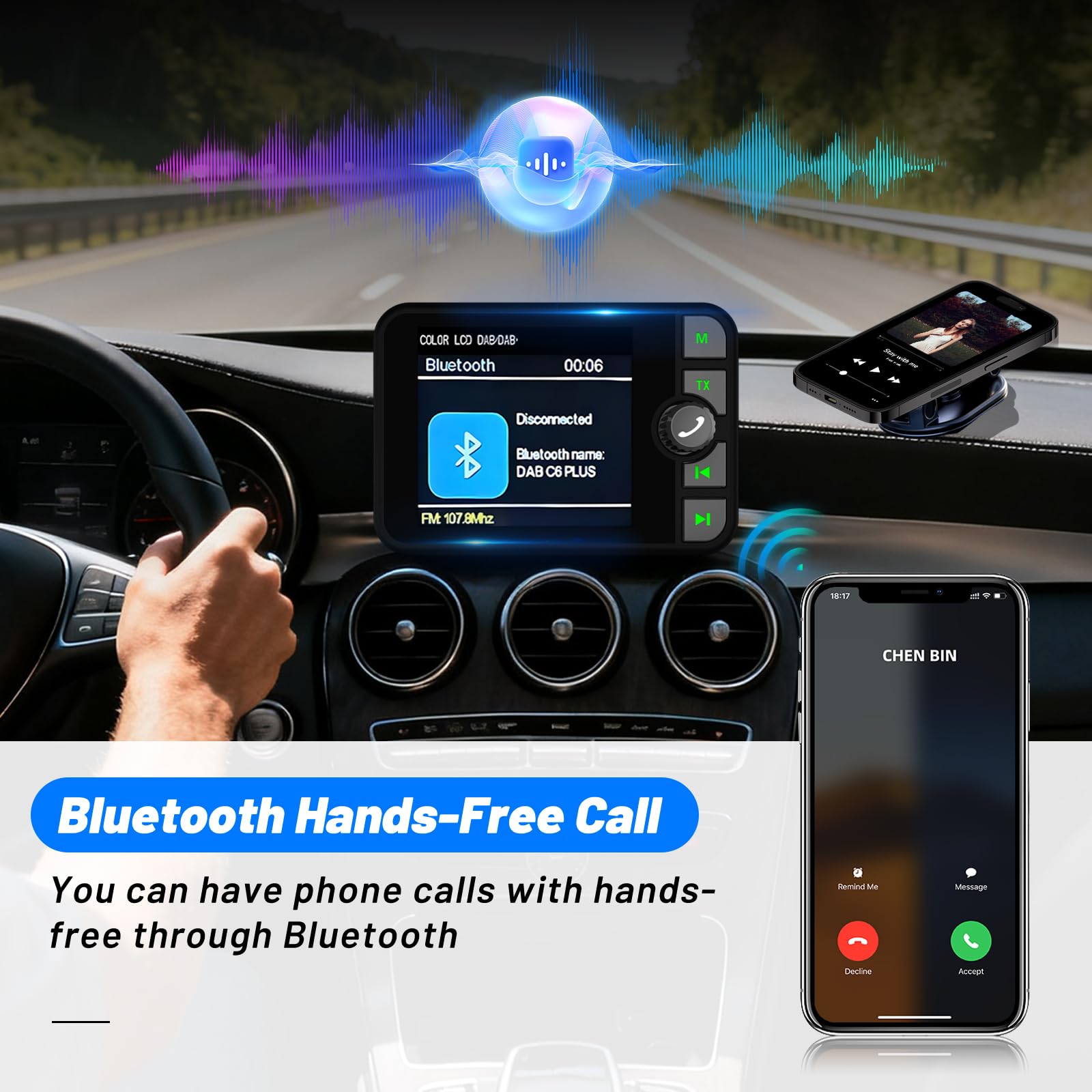 DAB/DAB+ Adapter für Auto - 2,4 Zoll LCD Display mit FM-Sender & Bluetooth für Autoradio - AUX-Eingang & TF-Karten MP3-Player - Autoscan & Service-Following Funktion