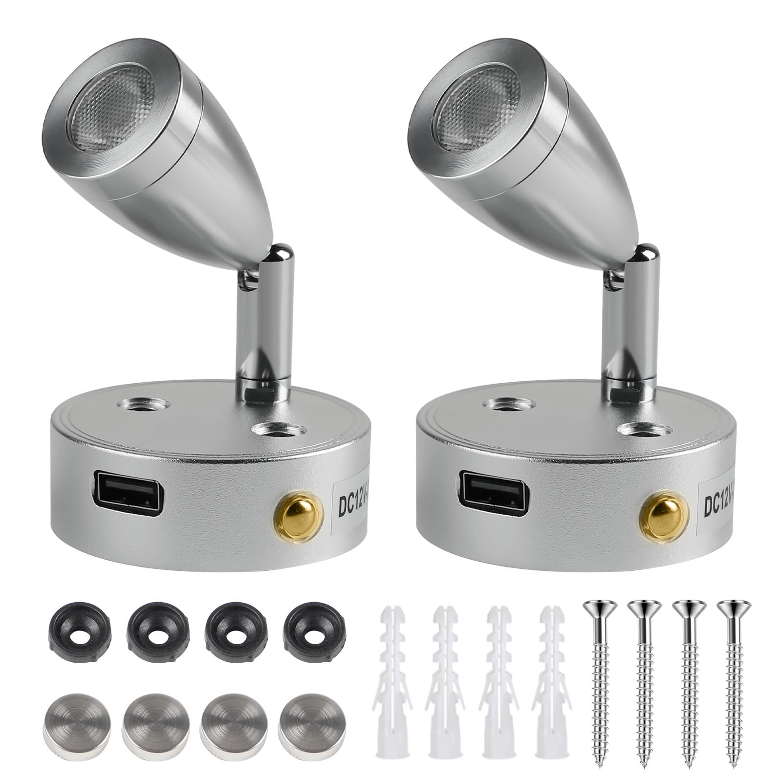 CPROSP 2tlg. 3W 12V LED Lampe Camper Dimmbar mit USB 3-6000k, 12v LED Spot Leselampe Wohnmobil Interior Led Licht Einstellbarer Schalter, 180 lm, 59 * 97mm, Silver