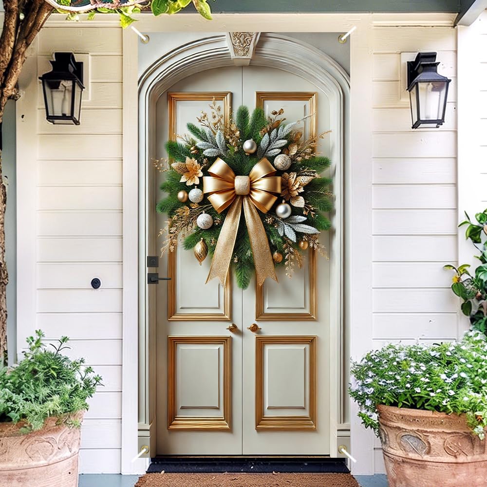 Gold Bow Pine Branch Silver Ball Christmas Door Cover 35x71in