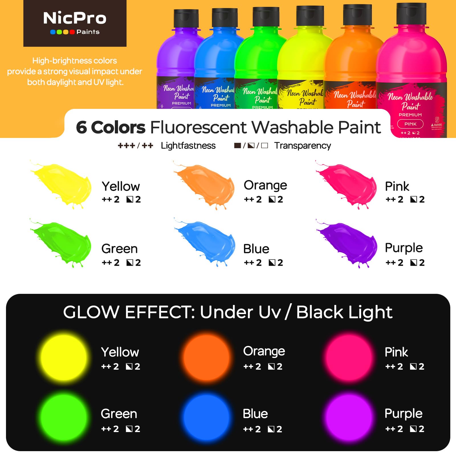 Nicpro Peinture Fluorescente Lavable 6 Couleurs X 500 ml, Peinture Acrylique Luisant Dans Le Noir, Non Toxique, Acrylique Fluorescente pour Bricolage, Vêtements De Fête, Halloween, Noël Déco