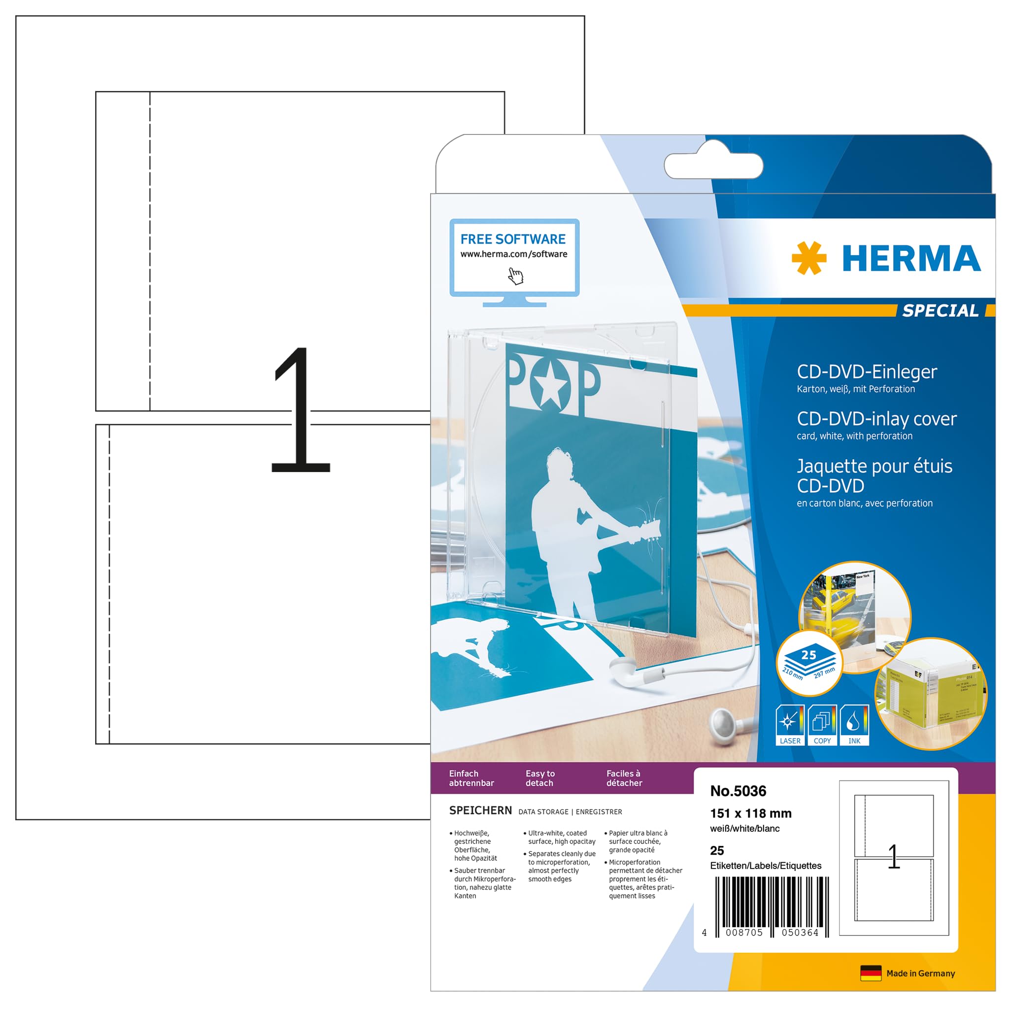 HERMA CD Case Inserts For Jewel Cases, 1 Insert Per A4 Sheet, 25 Inserts For Printers, With Perforation, 151 x 118 mm (5036), White