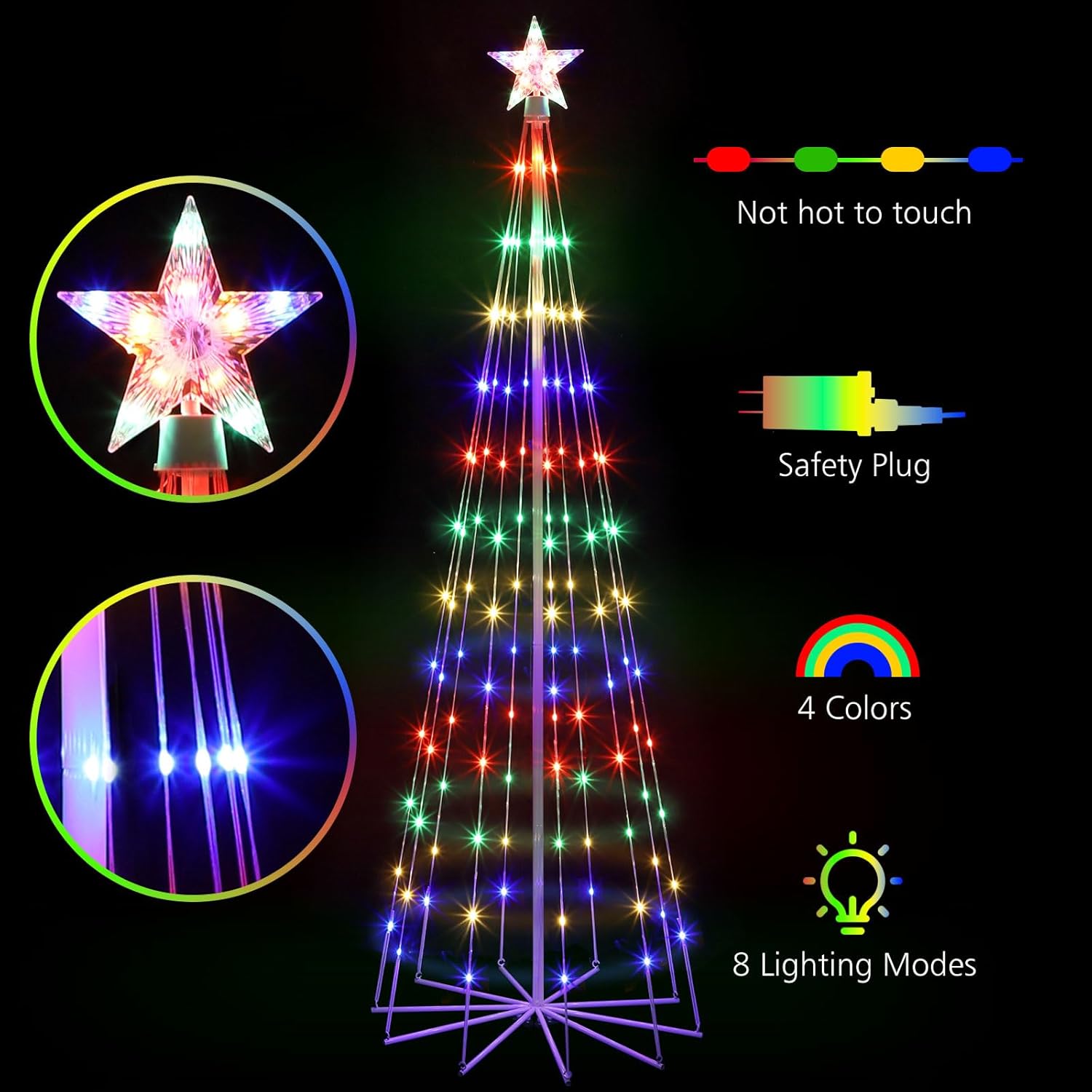 6' LED Animated Outdoor Christmas Tree, Multicolor Lightshow Lighted Cone Wire Tree with Topper Star, Christmas Outdoor Decorations Artificial Lighted Tree for Indoor Yard Patio - Image 3