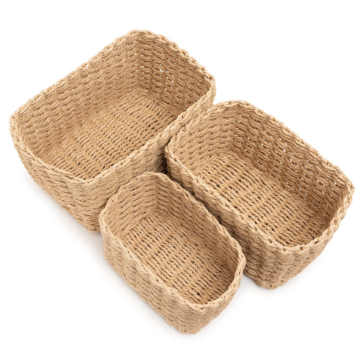 EZOWare Lot de 6 Paniers de Rangement Tissé, Doux Boîtes Conteneurs Décoratif en Corde de Papier pour Maison, Chambre d'Enfant, Salle de Bain, Bureau et plus – Beige, 3 tailles