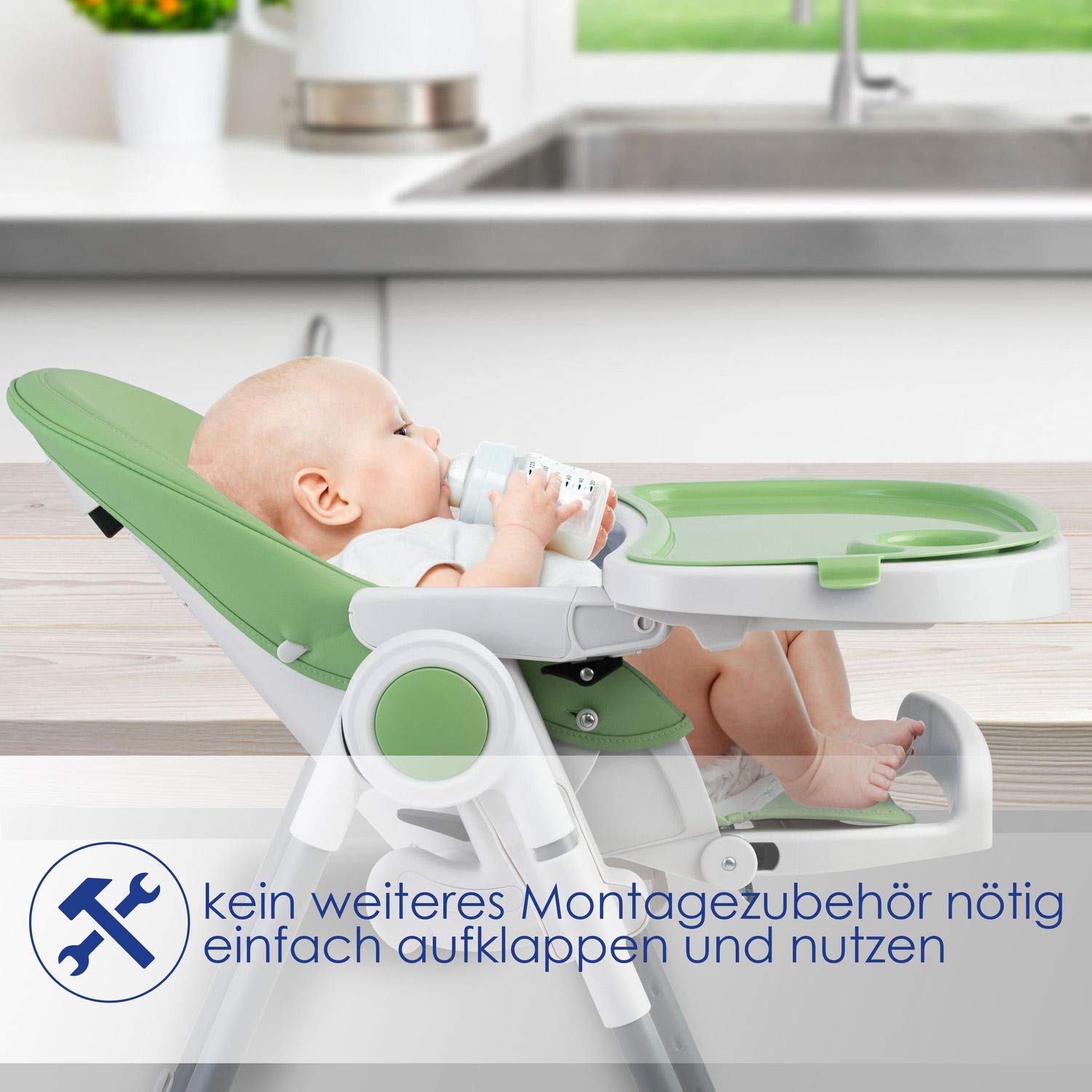 KIDIZ® 3 in 1 Seggiolone Seggiolone per bambini con barra dei giochi, Lettino per bambini, Seggiolone combinato Seggiolone per bambini, Schienale regolabile in 7 diverse altezze, verde