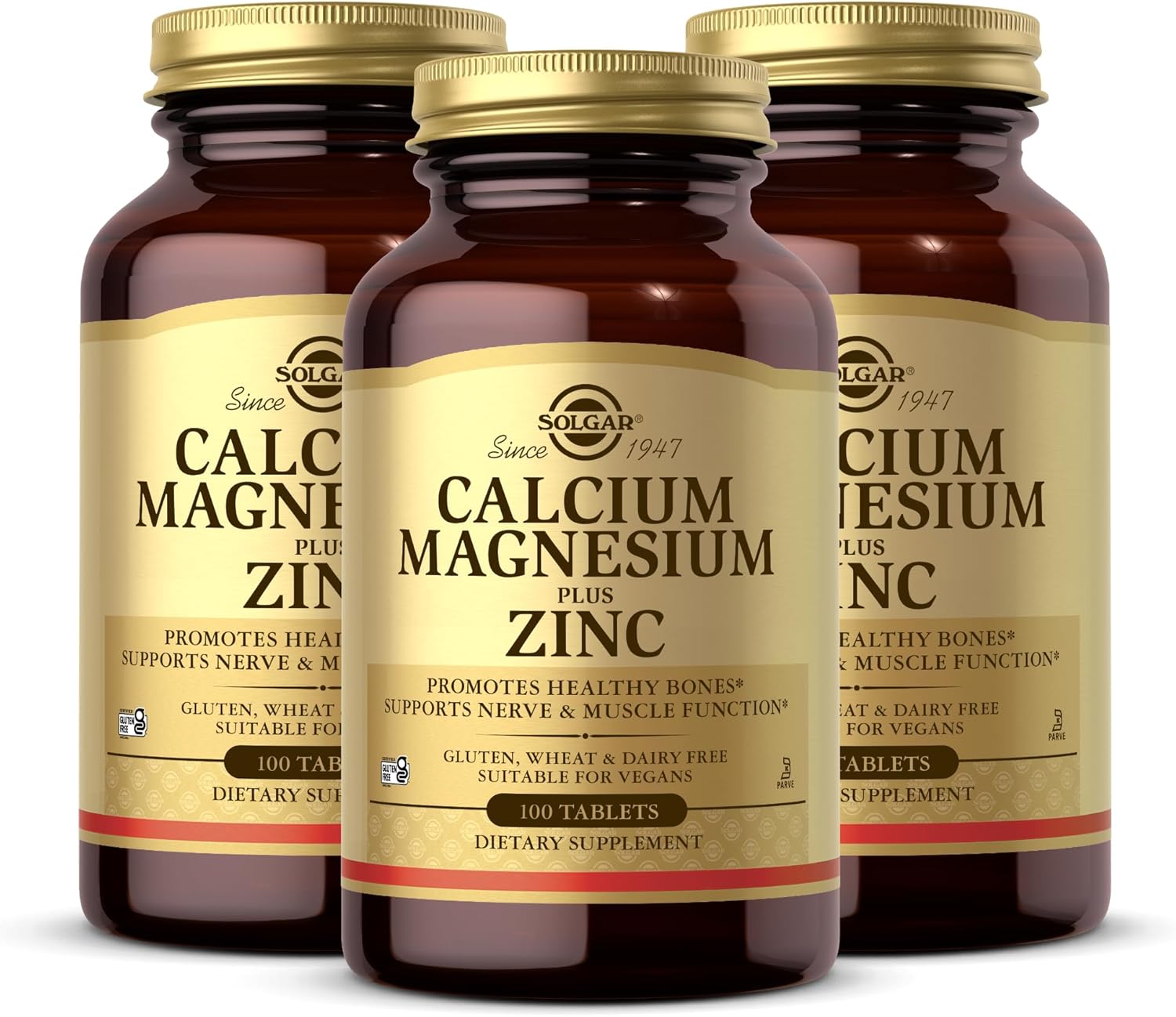 Solgar Calcium Magnesium Plus Zinc, 100 Tablets (Pack of 3) - Promotes Healthy Bones and Teeth - Supports Nerve & Muscle Function - Non-GMO, Vegan, Gluten Free, Dairy Free, Kosher - 100 Total Servings