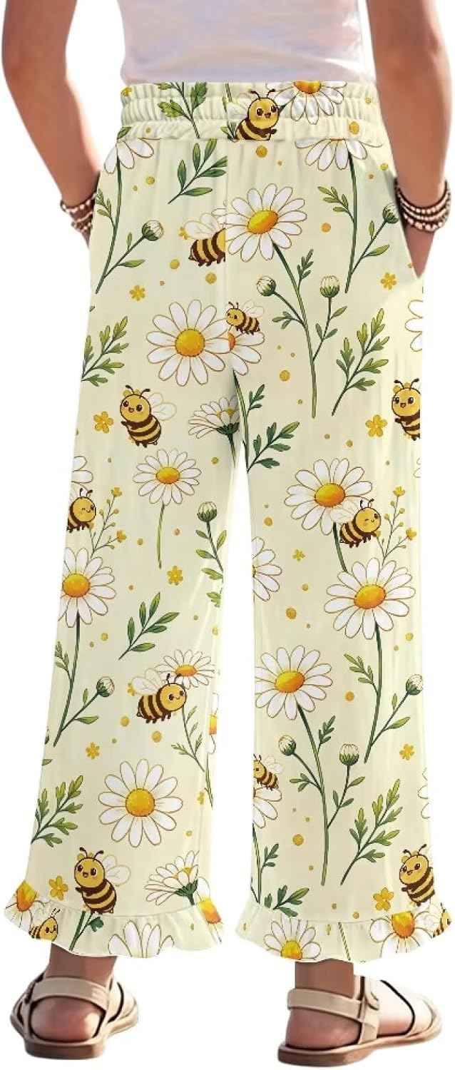Wanyint Girls' Ruffle Pants Wide Leg Trousers Elastic Waistband Trousers Stretchy Pants Fall Outfits Playwear for 5-14 Y