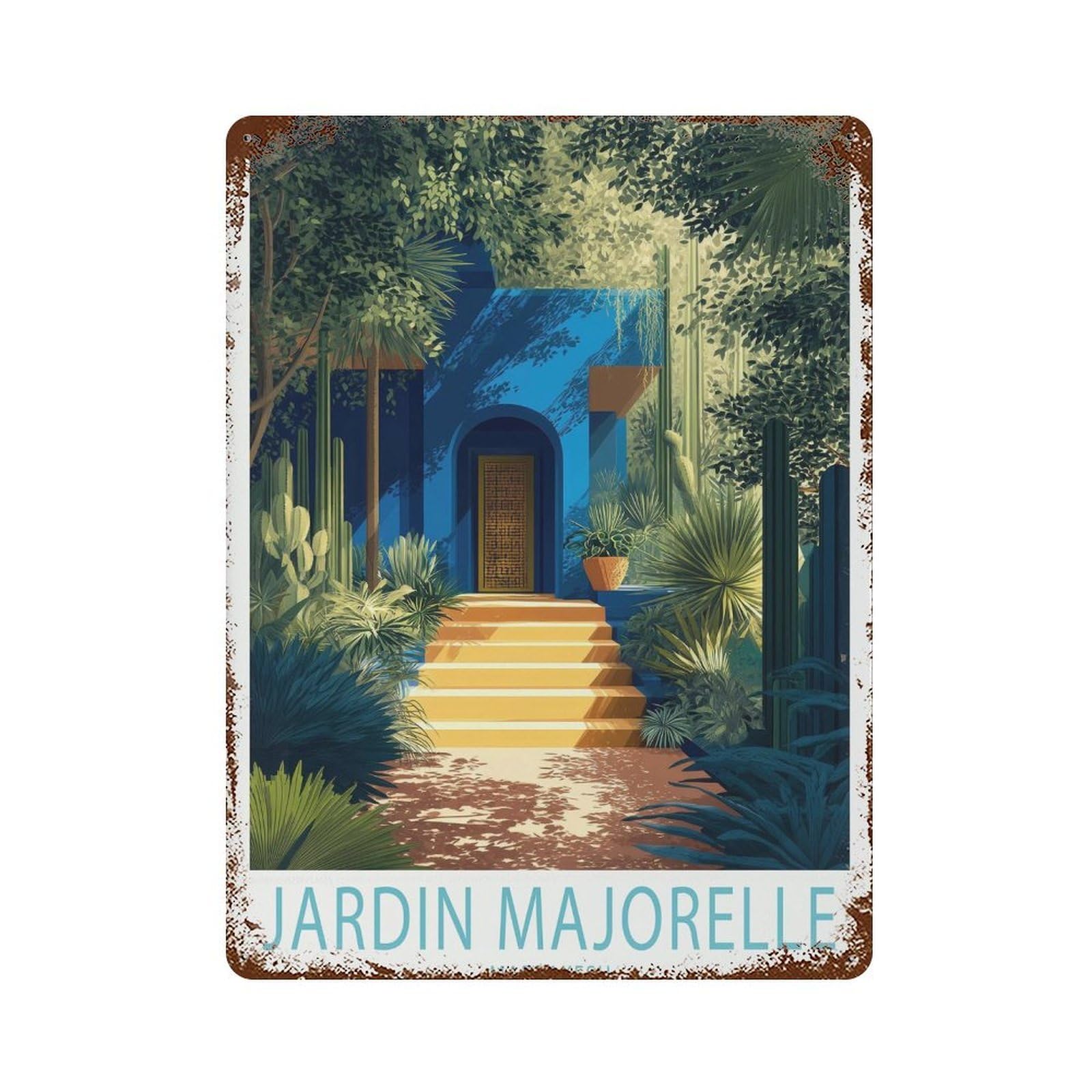xiaoxiaoshen Jardin Majorelle Marrakech Travel Garden Blue Oasis Morocco Wall Decor Art Metal Tin Poster Modern Home Decor Art Home Bar Shop Decorations Vintage Sign 40x30cm