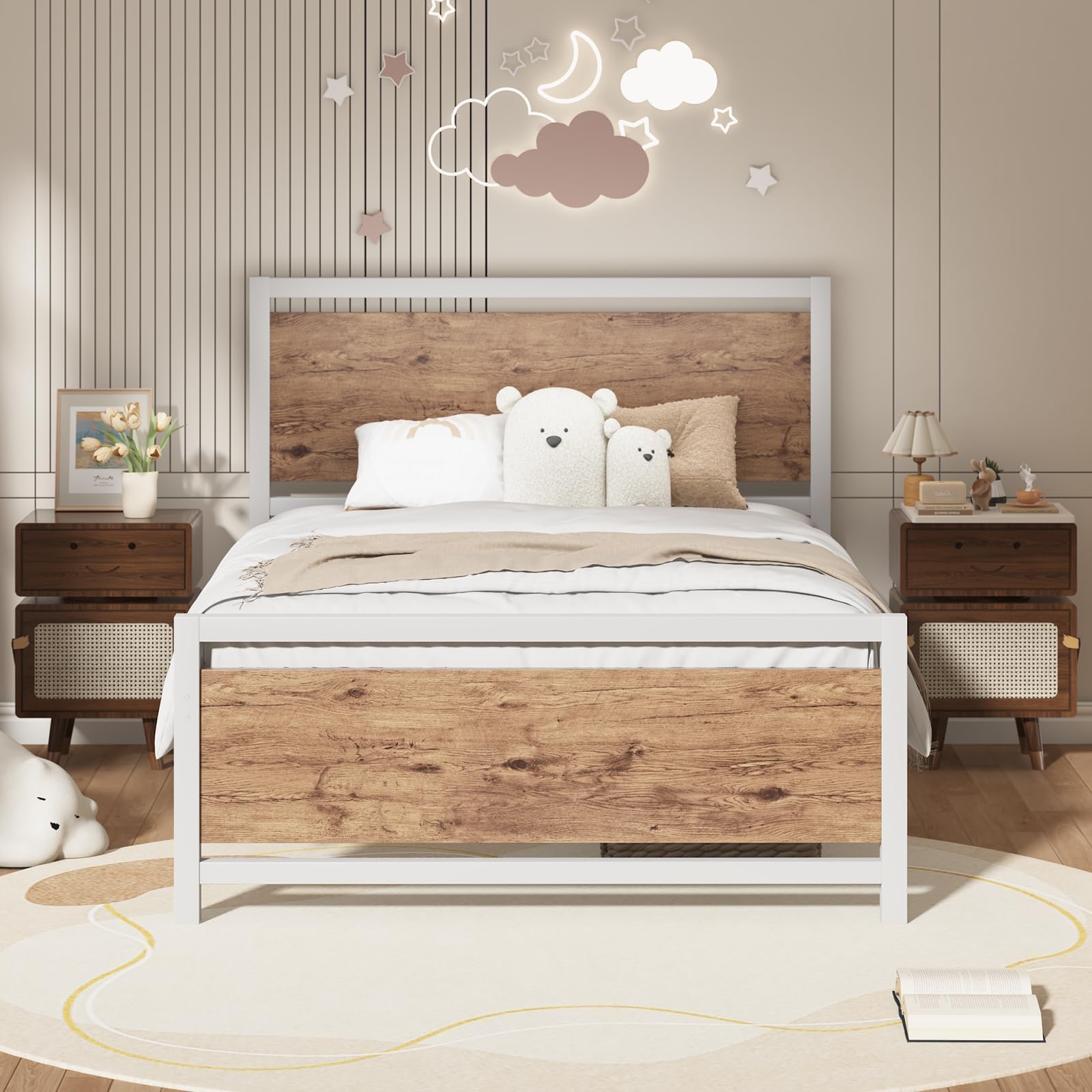 IMMERSTABLE Twin Bed Frames with Headboard, Industrial Style Twin Size Bed Frame, Twin Size Bed Frames with Wooden Footboard, Heavy Duty, No Box