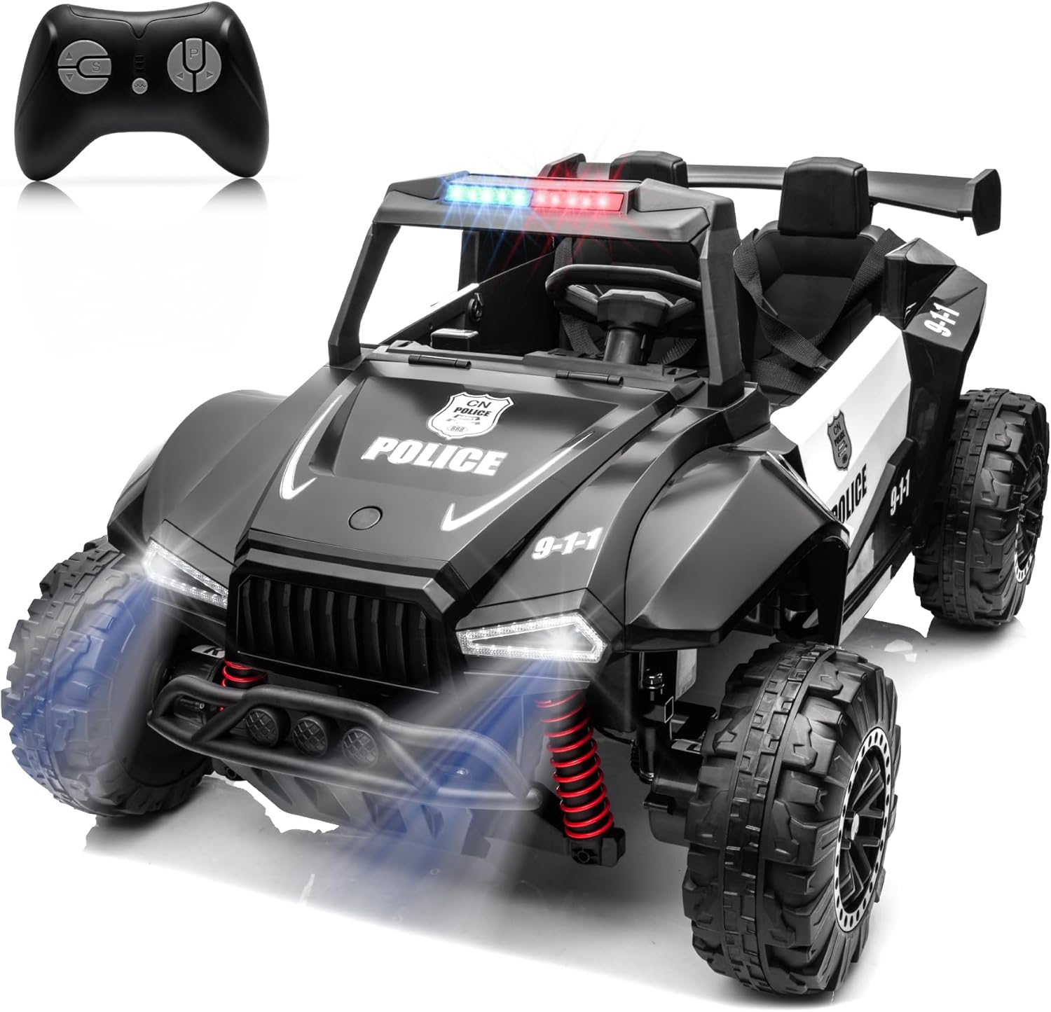 24V 2-Seater Police Car Kids Ride On Car Electric Off-Road UTV Side by Side with 200W*2 Powered Wheel Electric Vehicle with Remote Control, Bluetooth, LED Light Gift for Boys and Girls Black