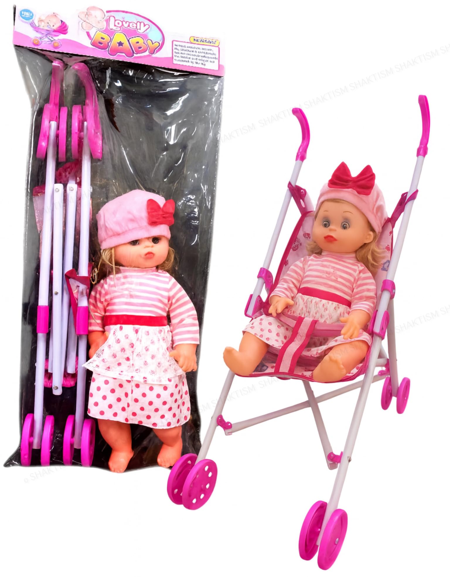 SHAKTISM Foldable Stroller Baby Doll with Blinking Eye 1Pc Stroller Toy Set, Double Wheels, 1 Dolls, Lightweight Pram for Girls, Multicolor-image-22