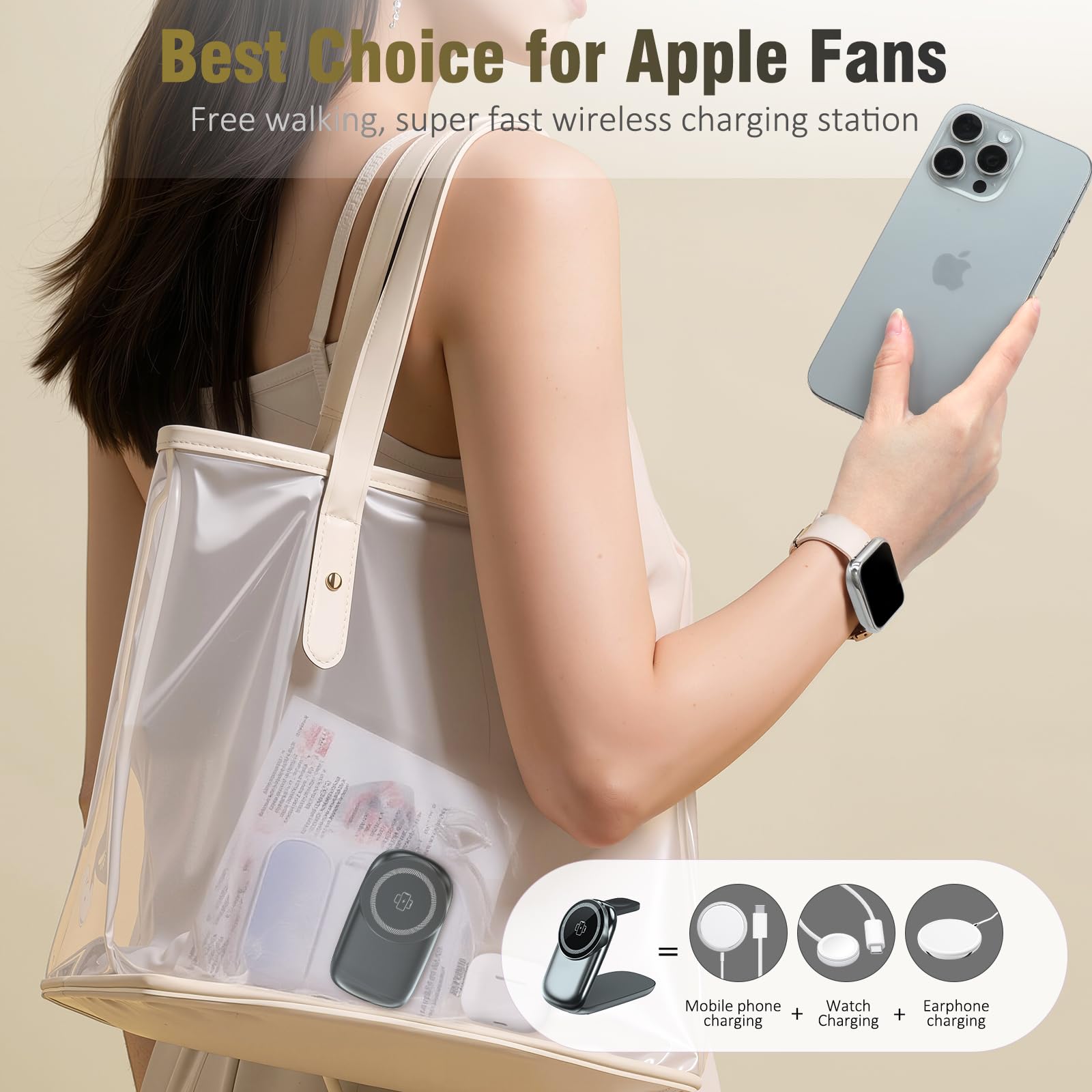 Składana stacja ładująca 3 w 1 do iPhone'a 16e/16/15/14/13/12 kompatybilna z Apple Watch 10/9/8/7/6/5/4/3 Ultra, bezprzewodowa stacja ładująca do Airpods/4/3 pro