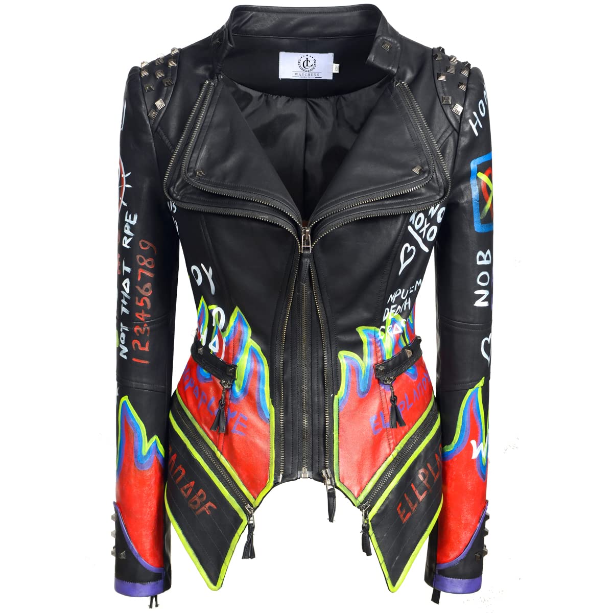 Women's Classic Sexy Handpainted Graffiti Black Rivet Coat Motorcycle Leather Jacket