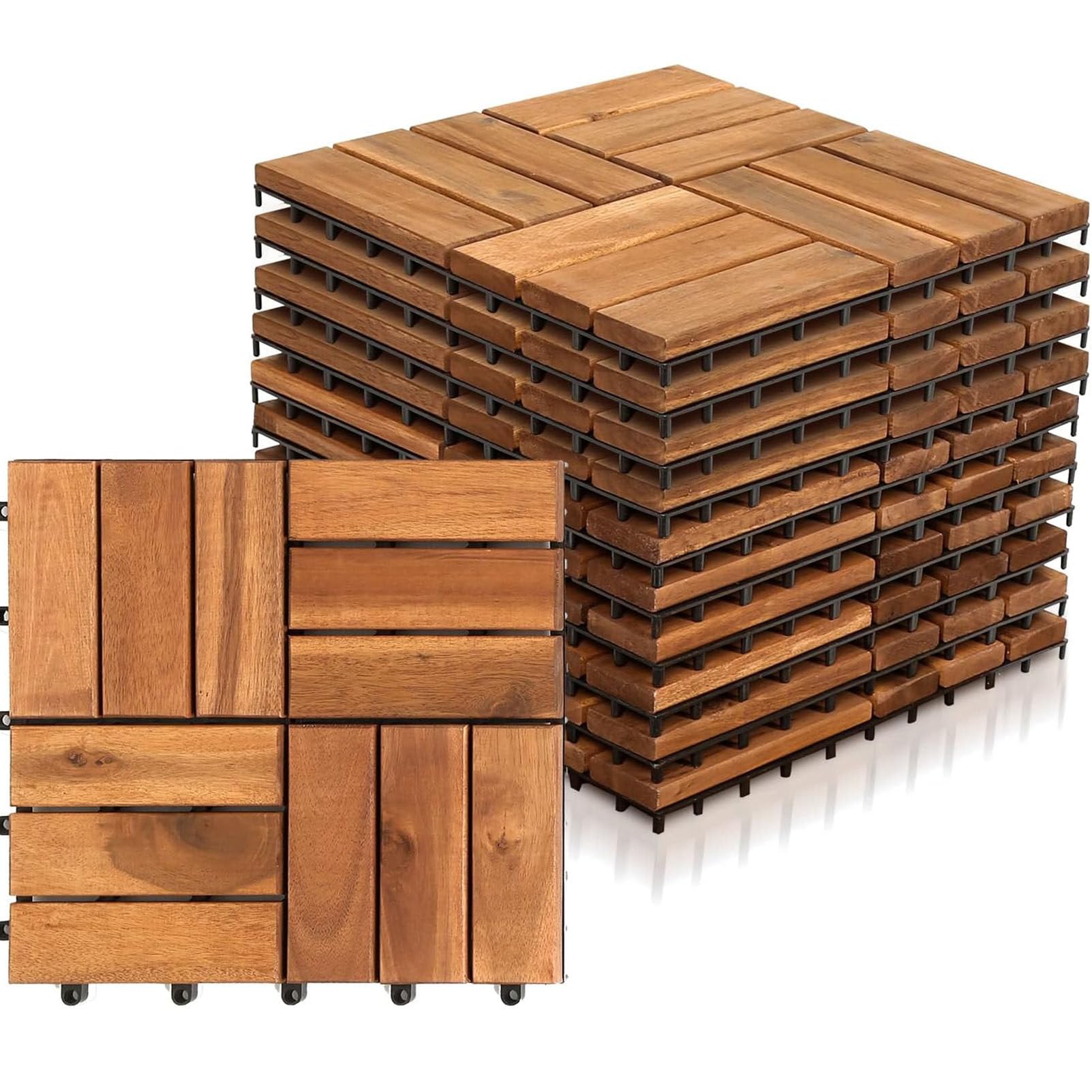 Piastrelle per pavimentazione in legno di acacia con base in PE 12-Slat-9pc | 30x30 cm – Pavimentazione a incastro per esterni; antiscivolo, resistente agli agenti atmosferici e facile da installare