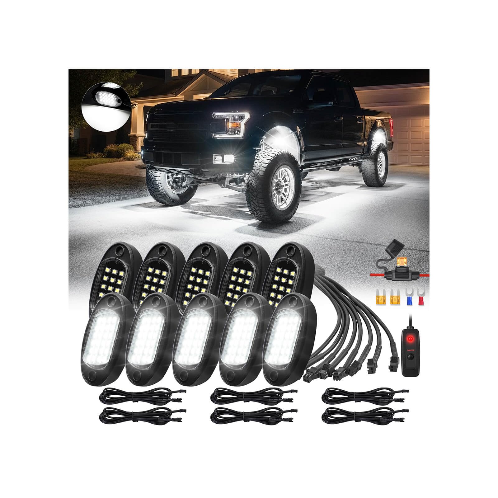 Photo 1 of 10Pods All Pure White LED Rock Lights Full Kit Plug and Play & Pre Wired 6500K with Switch Wiring Harness Extension Fuse, 150Chips Waterproof Underglow 12V for Jeep Trucks Trailer Off Road ATV UTV