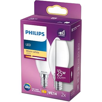 PHILIPS 25W LED Classic E14 Candle Light Bulb Non-Dimmable Frosted Warm White Pack of 2 White