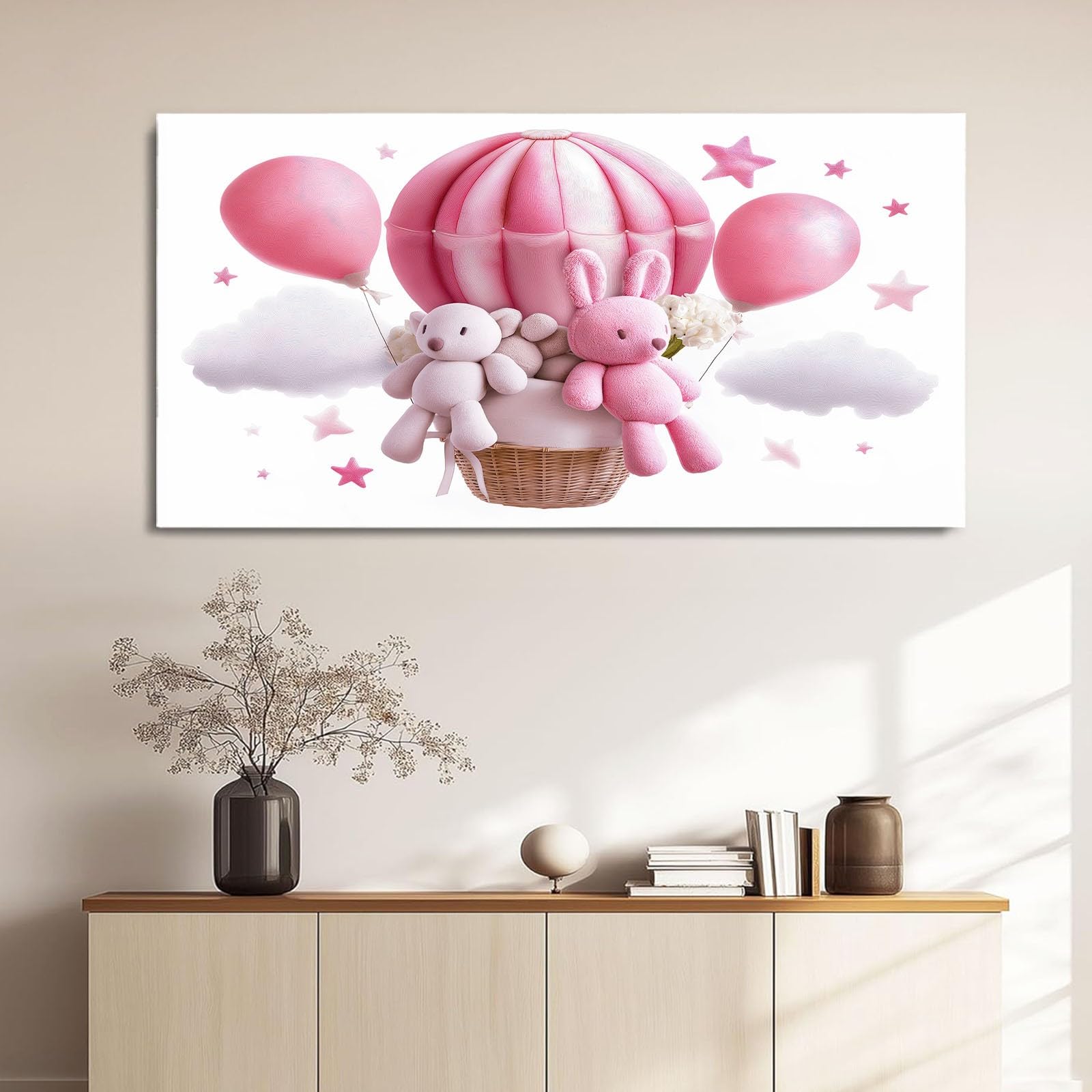 Leinwandbild 90 x 60 cm Wandbild Cartoon - Bild auf Leinwand mit Rosa Heißluftballon Teddybär Stern, Wanddeko für Wohnzimmer, Schlafzimmer, Büro Deko Zimmer