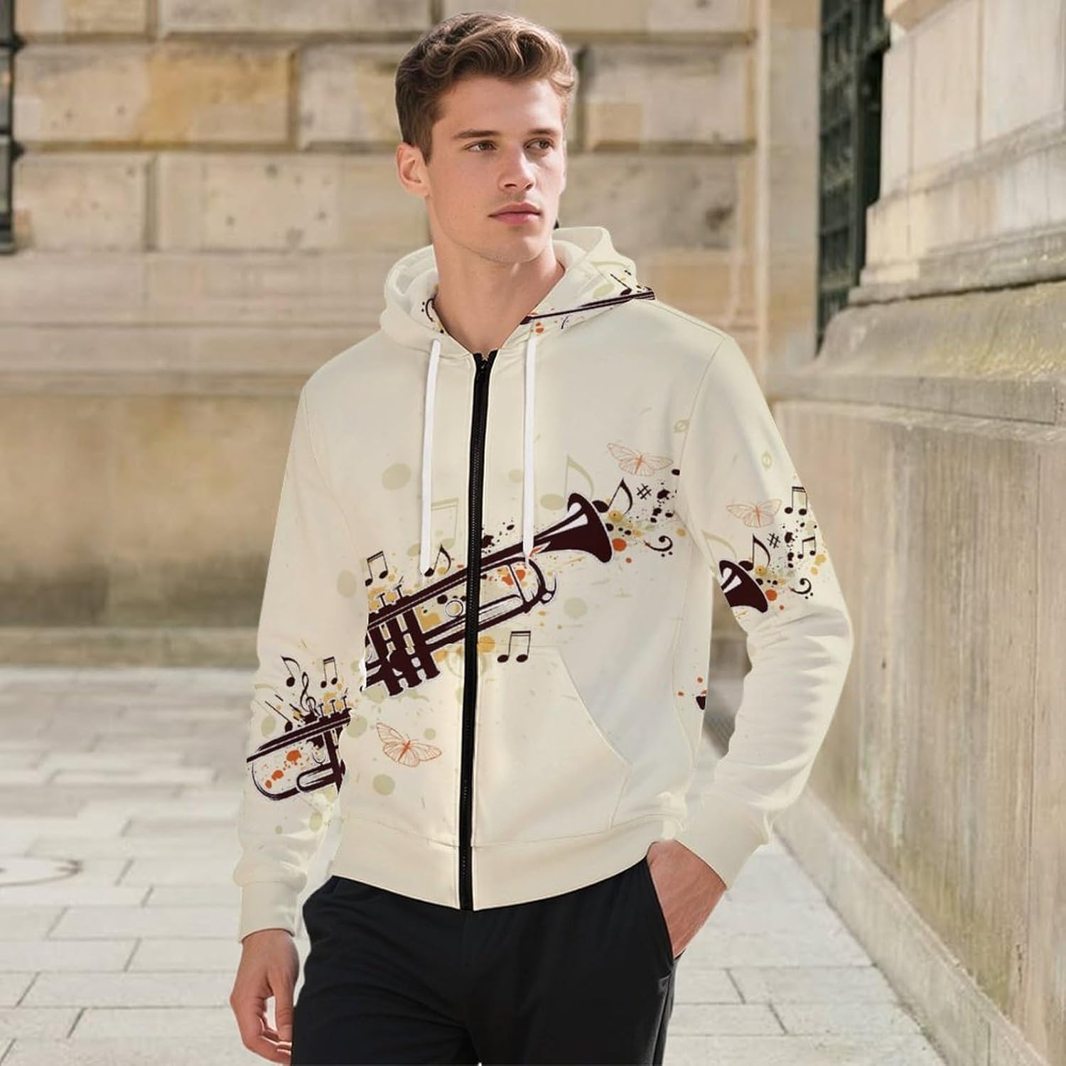 Trumpet And Notes Men's Hoodie Full-zip Hooded Sweatshirt Zip-up Pockets Jackets