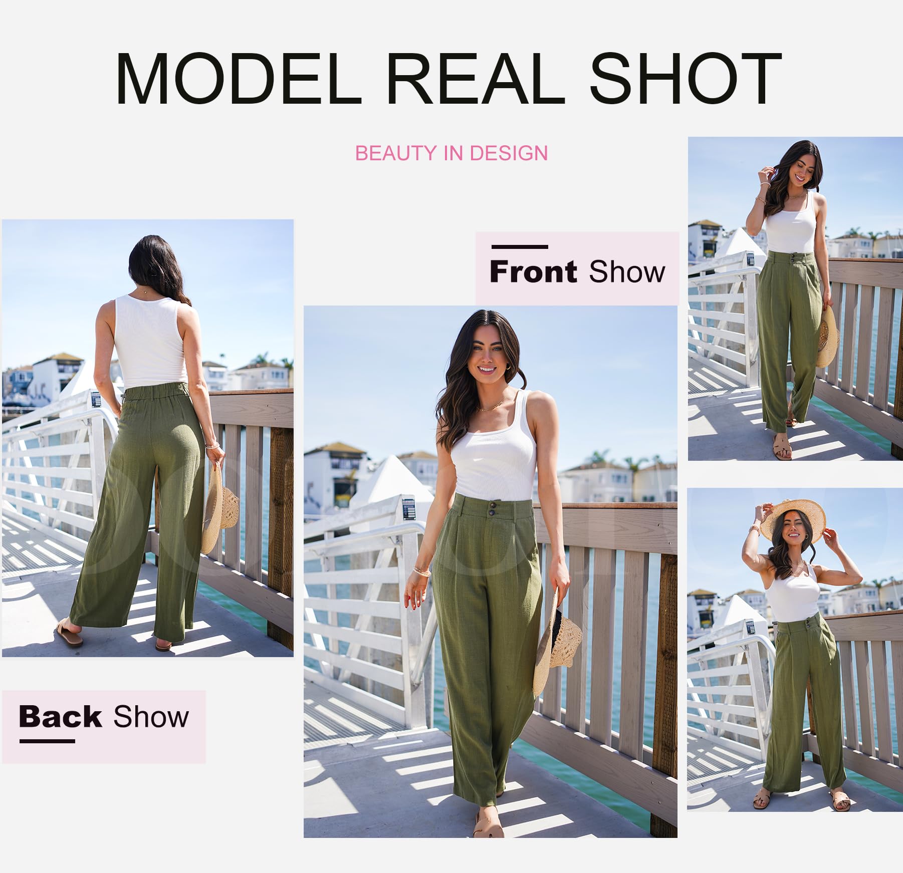 Dokotoo Womens Linen Pants Casual Loose Wide Leg Pants for Women Elastic Waist Palazzo Pants Trousers with Pockets: Small Green