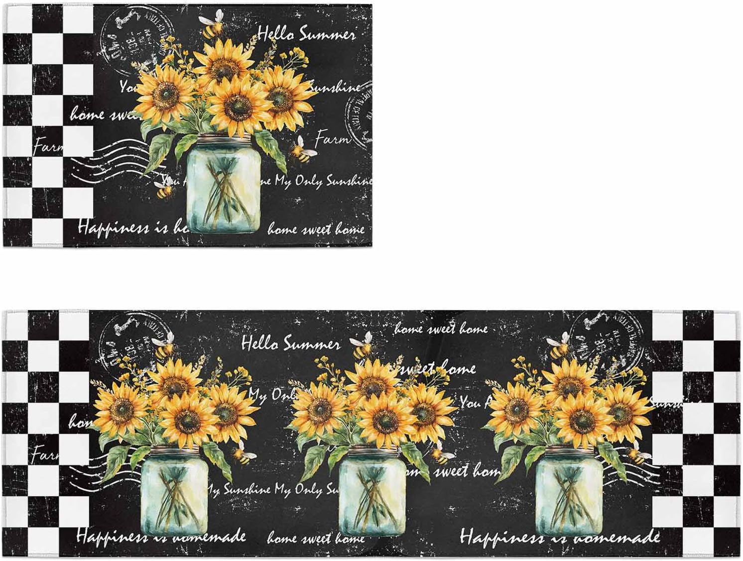 Teamery Kitchen Mats for Floor Bee Sunflower Plant Vase Washable Non Slip Kitchen Rugs 2PCS, Vintage Stamp Black White Grid Absorbent Standing Mats for Sink Office Living Room 15.7x23.6in+15.7x47.2in