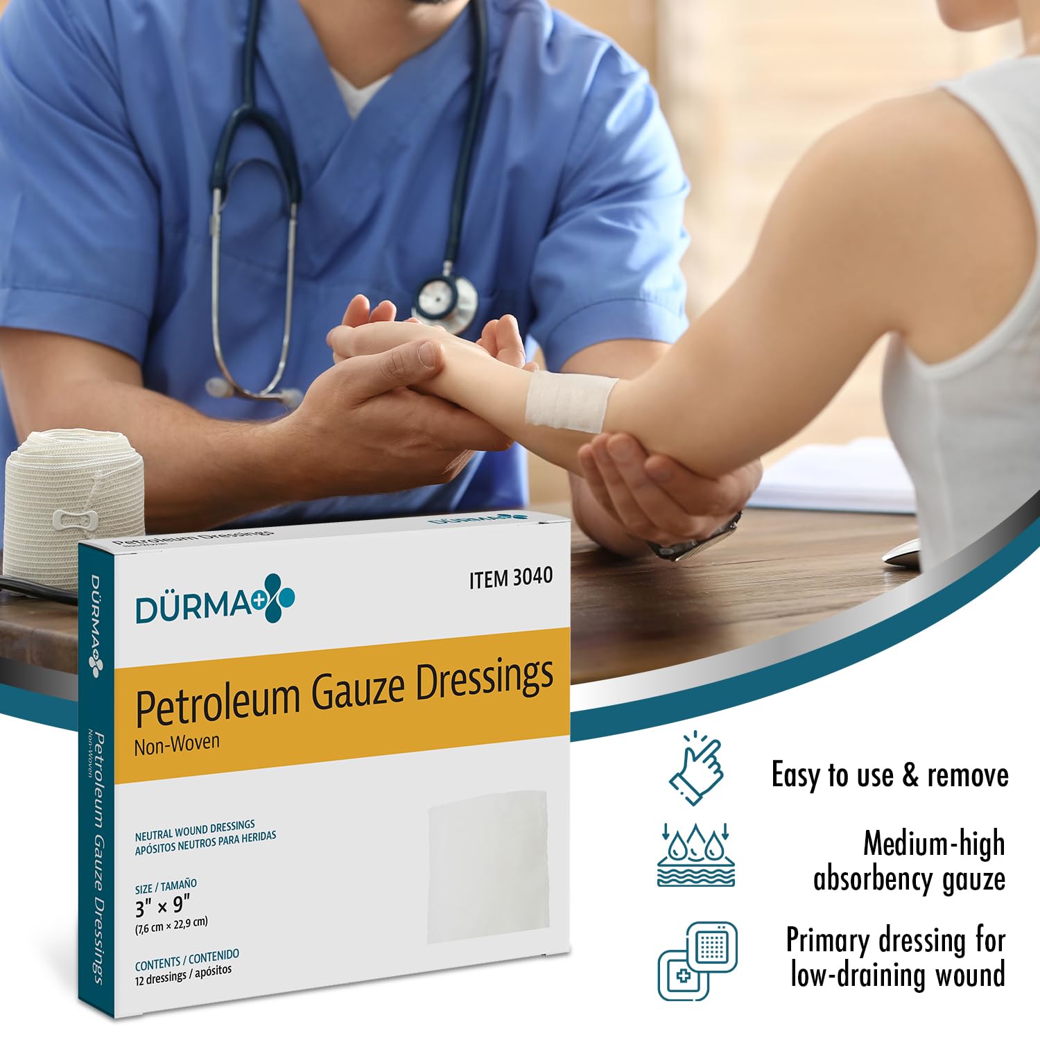 Dynarex Dürma+ Petroleum Gauze Dressings - Sterile Non-Adherent Impregnated Gauze Pads - Maintains Moist Environment and Minimizes Sticking - 3" x 9" - 12 Per Box — Amazon image 5